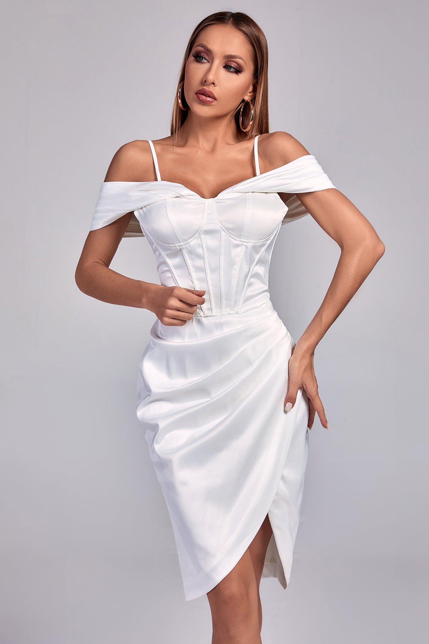 Yasmin Satin Corset Mini Dress - White - Bellabarnett