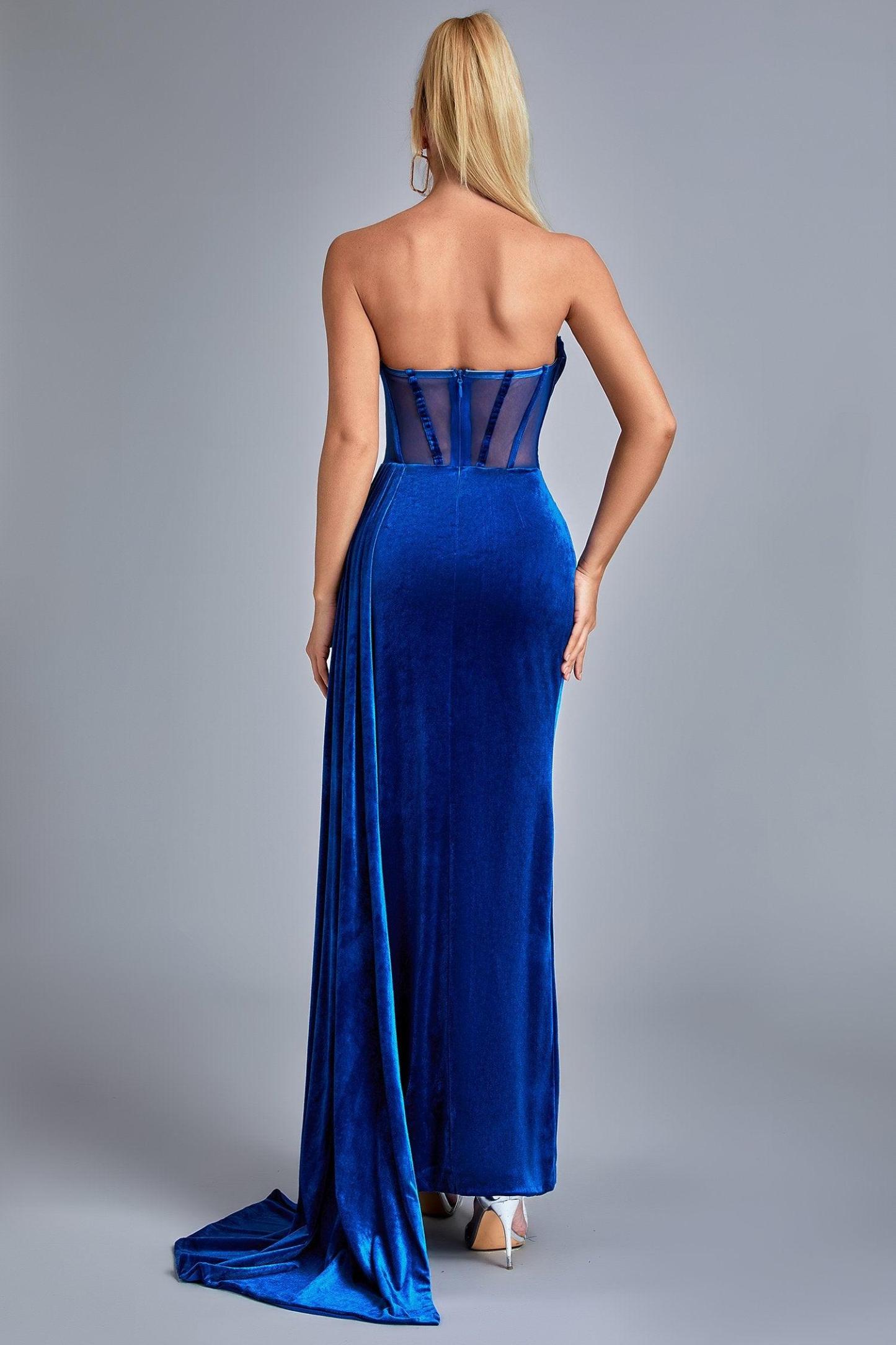 Lamva Corset Velvet Slit Maxi Dress - Blue - Bellabarnett