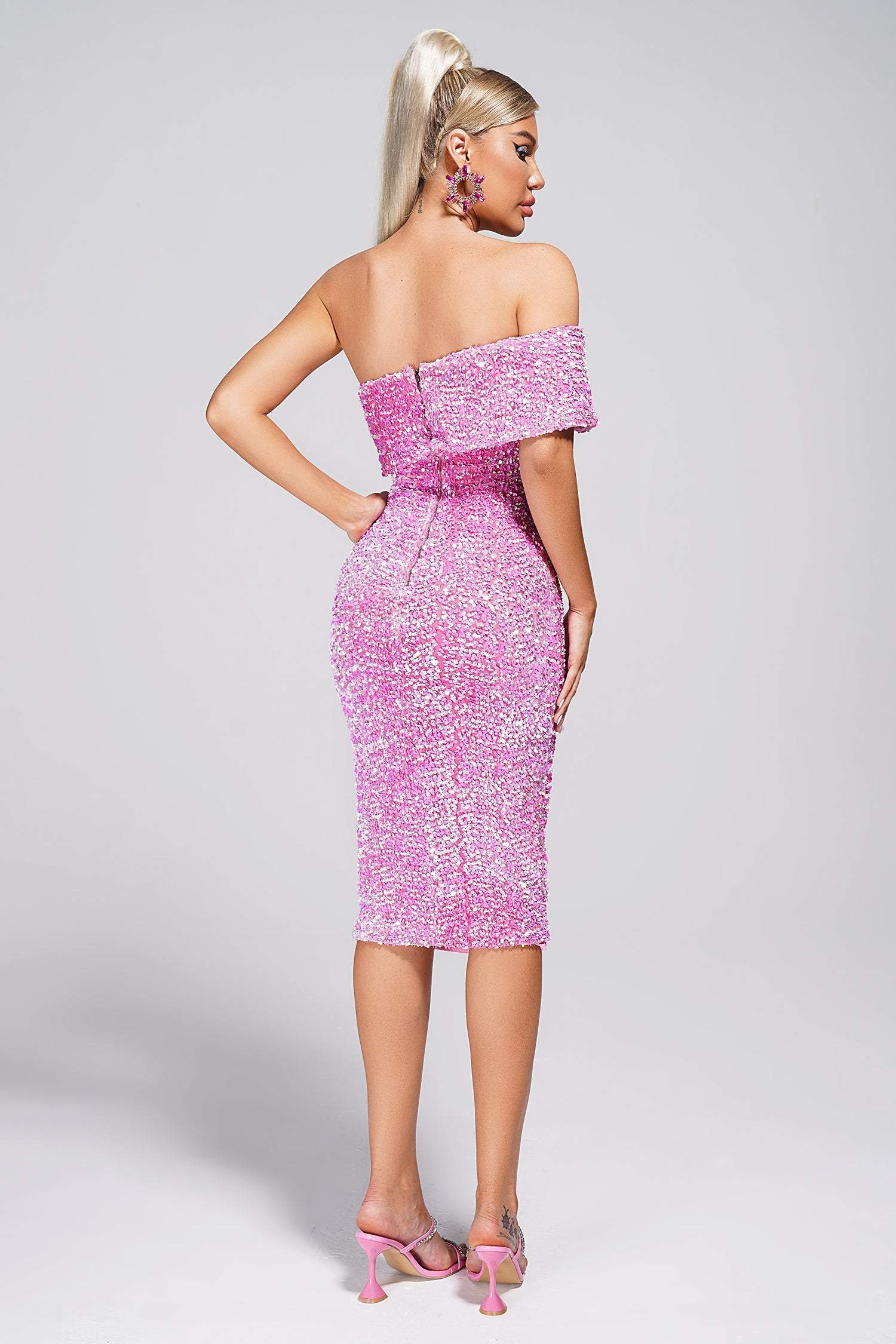 Giaga Purple One Shoulder Sequin Midi Dress - Pink