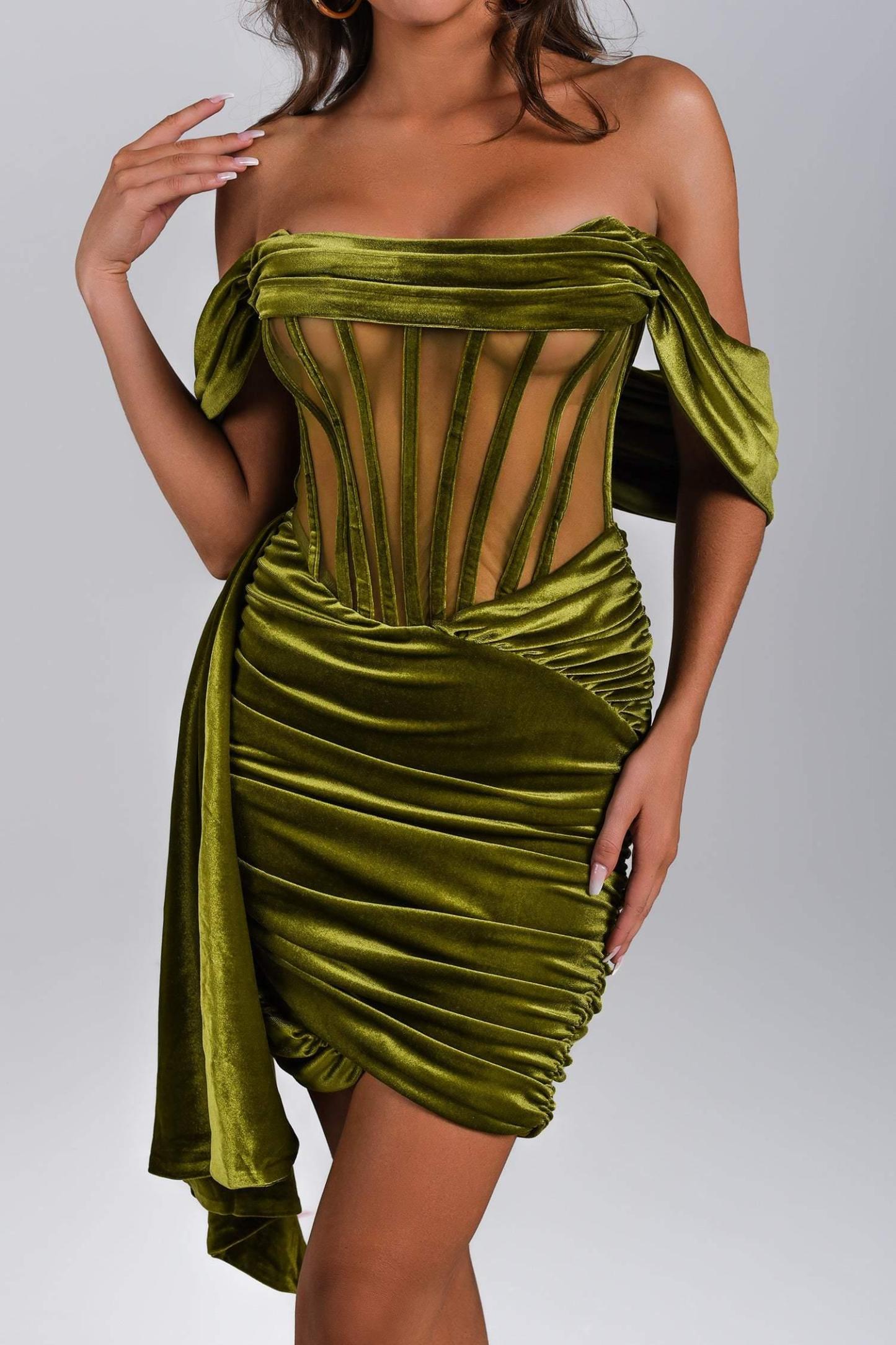 Elasa Velvet Corset Mini Dress - Green - Bellabarnett