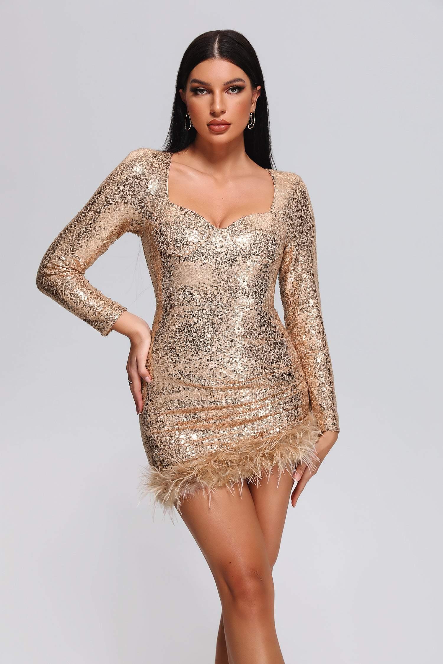 Farrah Feather Sequin Mini Dress - Gold - Bellabarnett