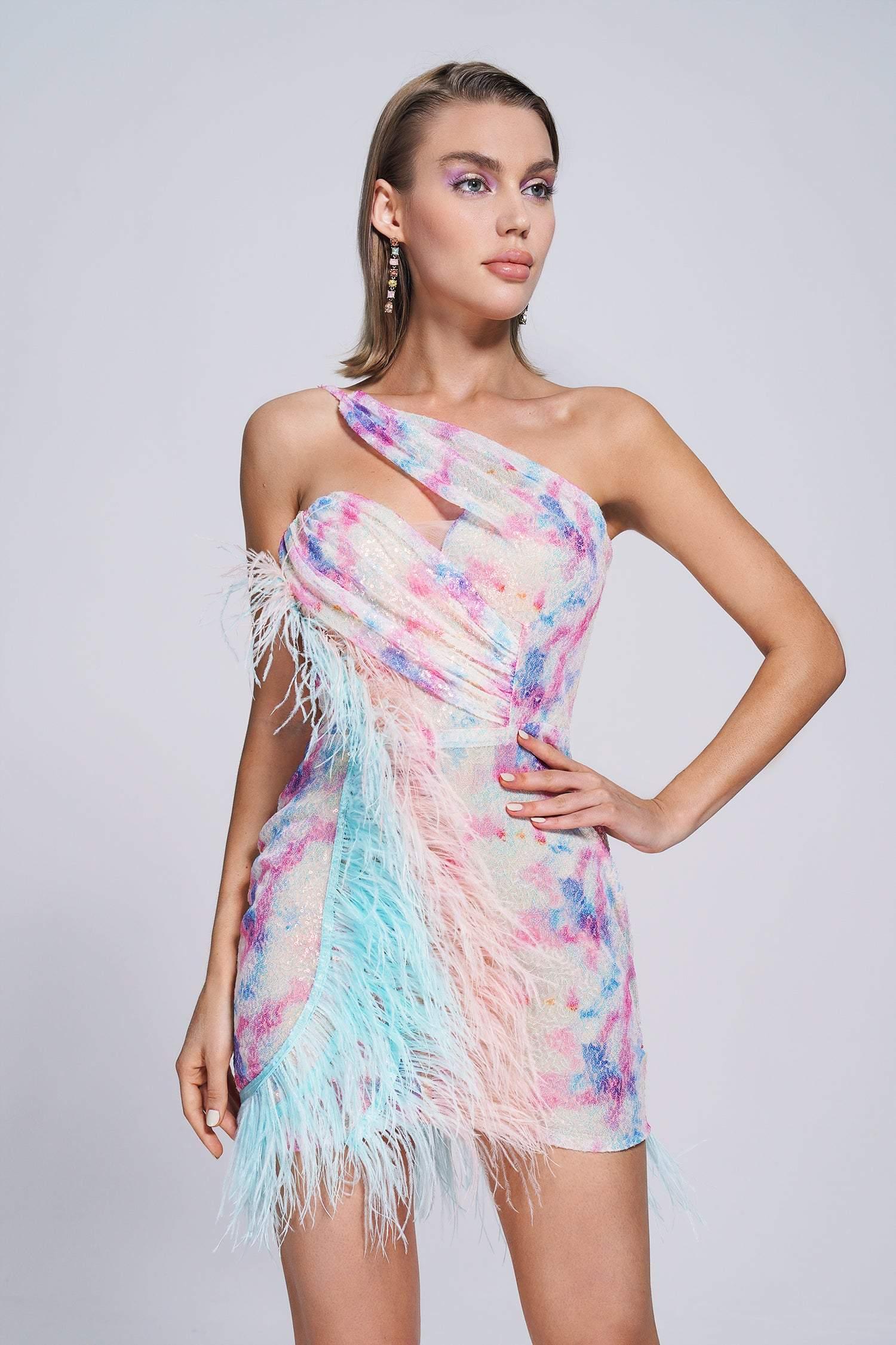 Caramel Feather Sequin Mini Dress - Bellabarnett
