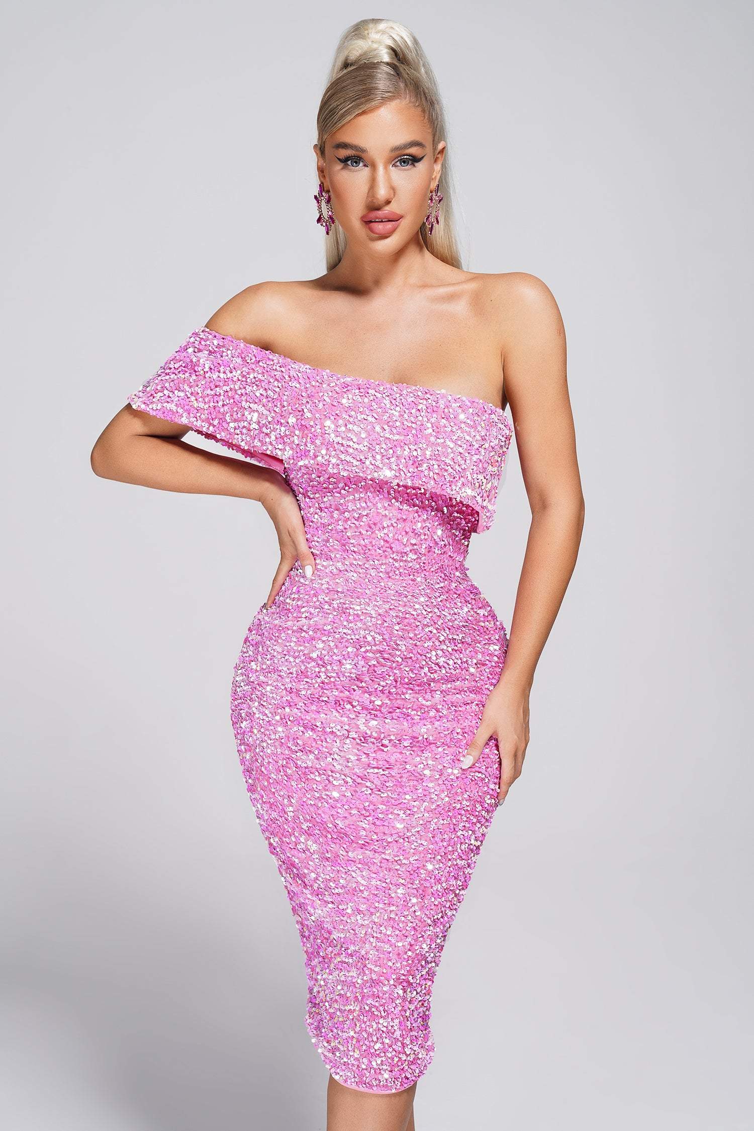 Giaga Purple One Shoulder Sequin Midi Dress - Pink