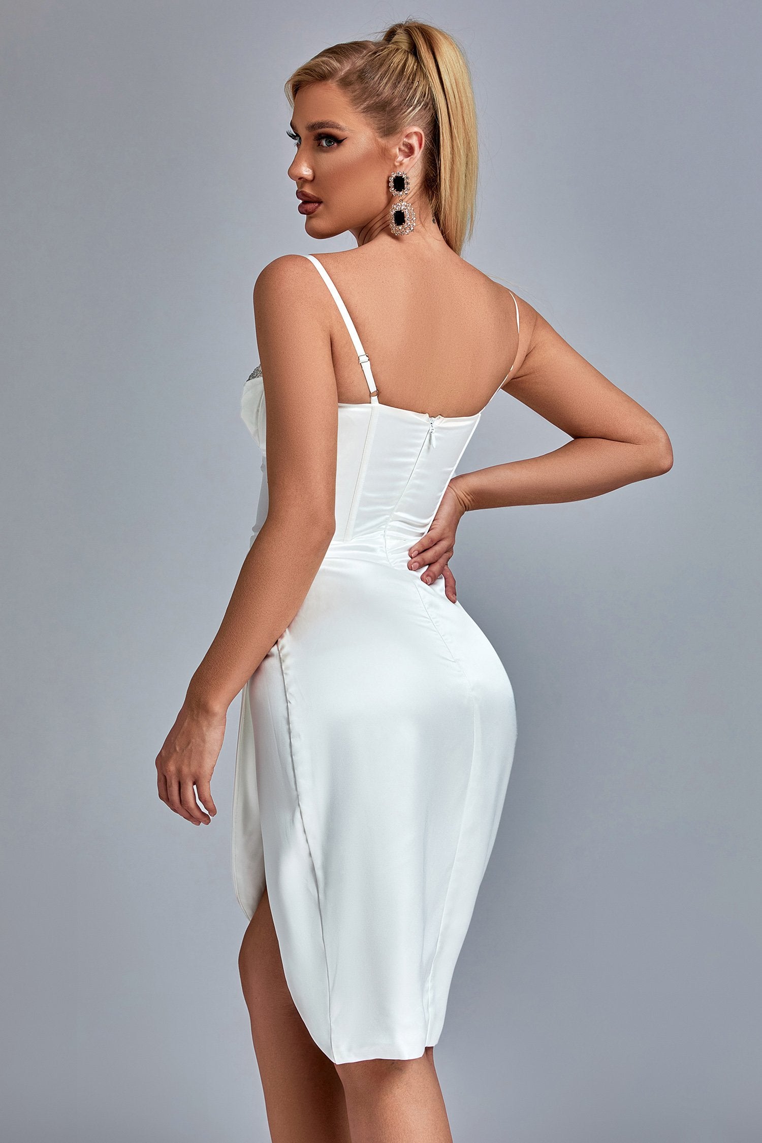 Vacab Diamante Satin Slit Mini Dress - White