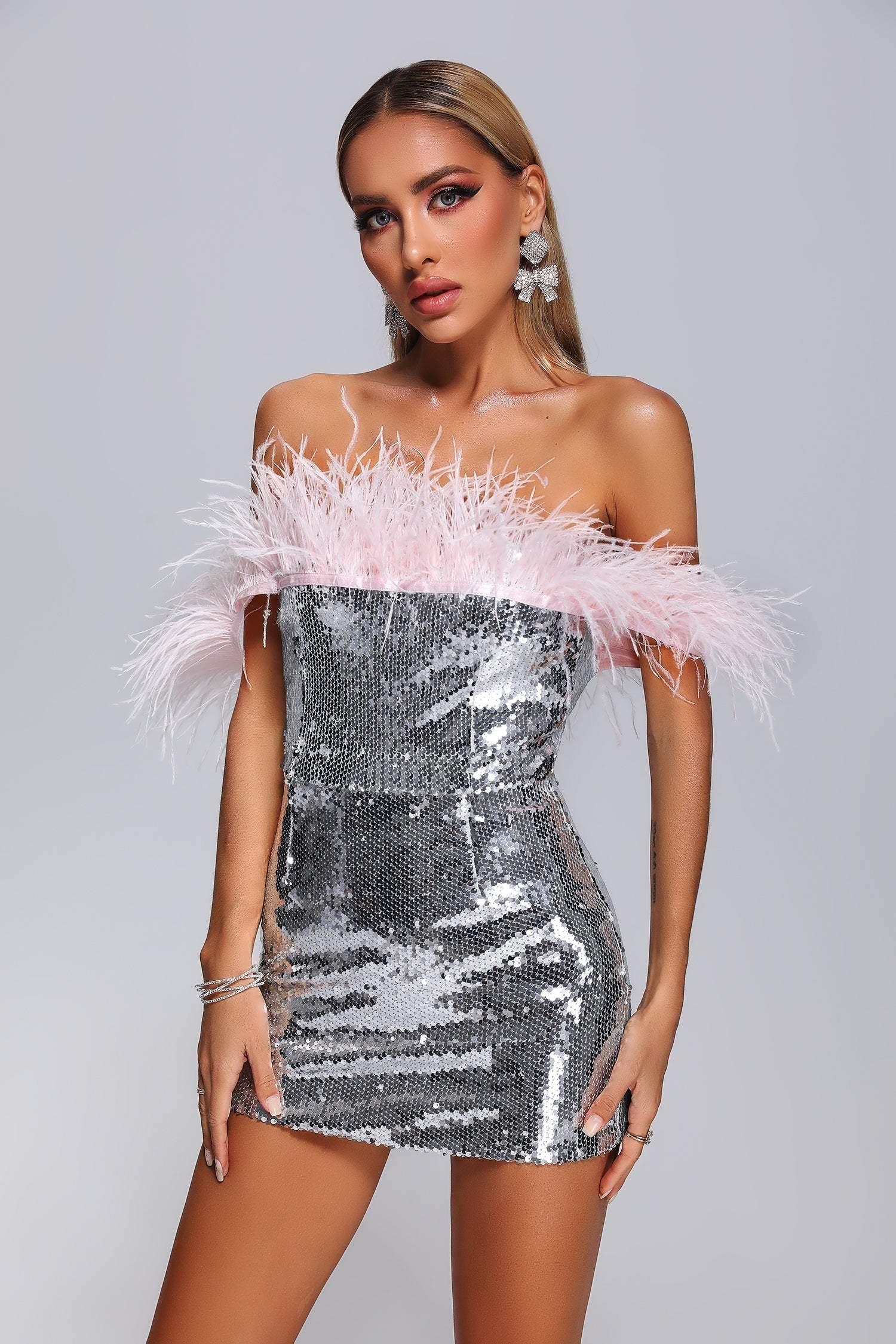 Kolari Off Shoulder Feather Sequin Mini Dress - Bellabarnett
