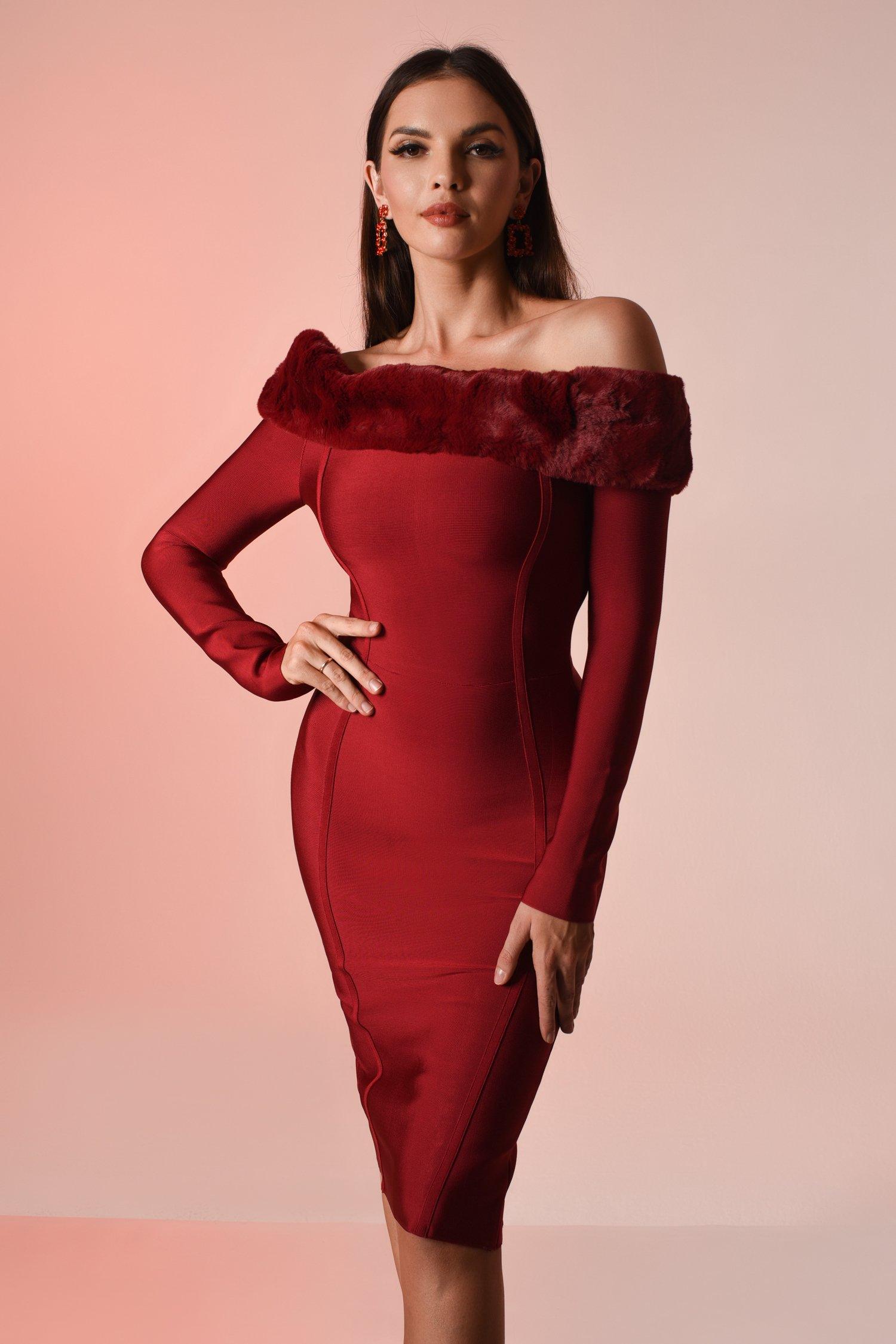 Taina Off Shoulder Midi Bandage Dress - Red - Bellabarnett