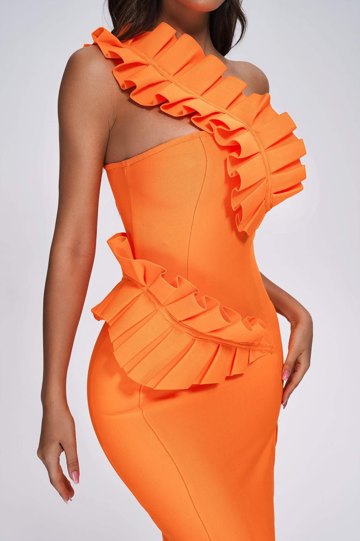 Shailee One Shoulder Midi Bandage Dress - Orange - Bellabarnett