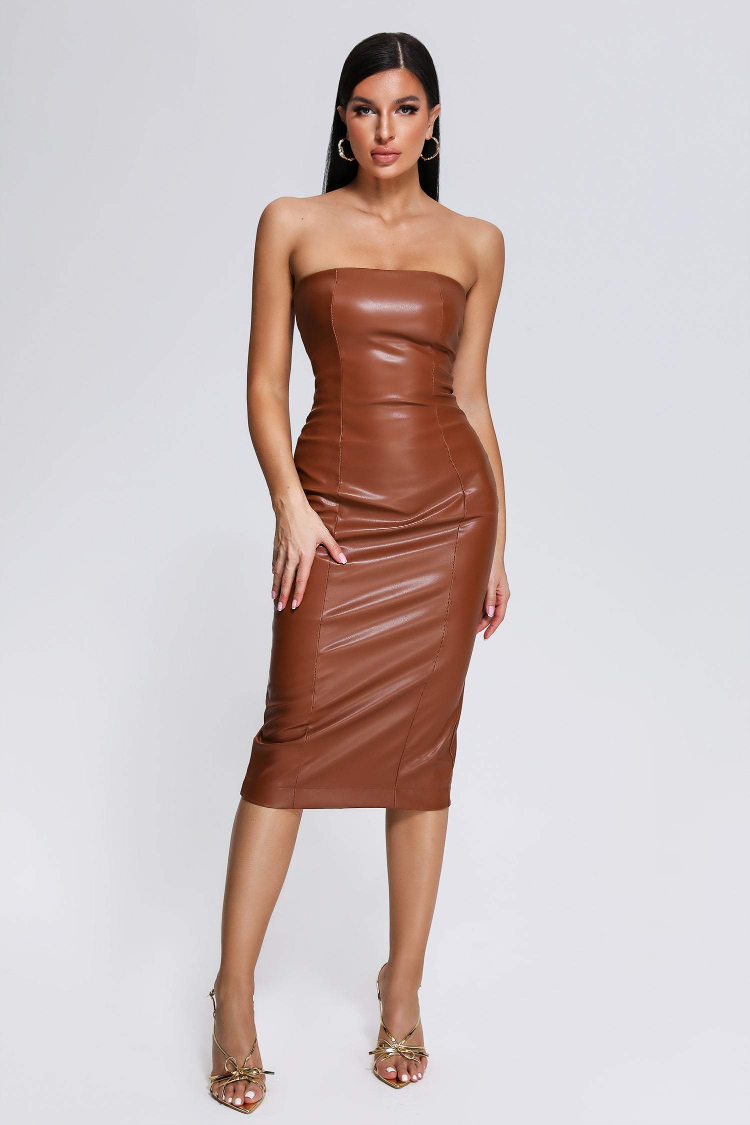 Grasa Strapless Leather Midi Dress