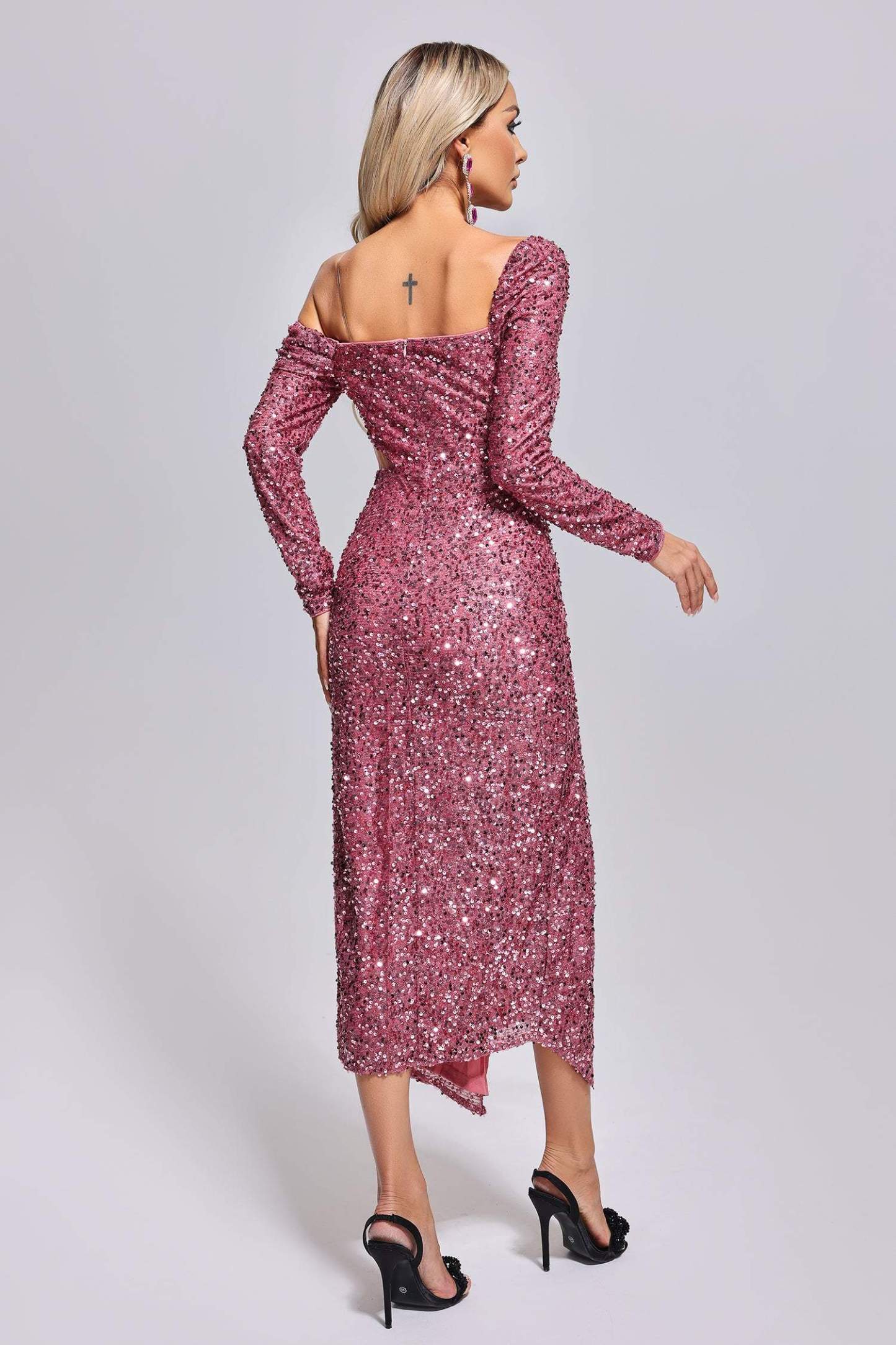 Velencia Aysmmetic Sequin Midi Dress