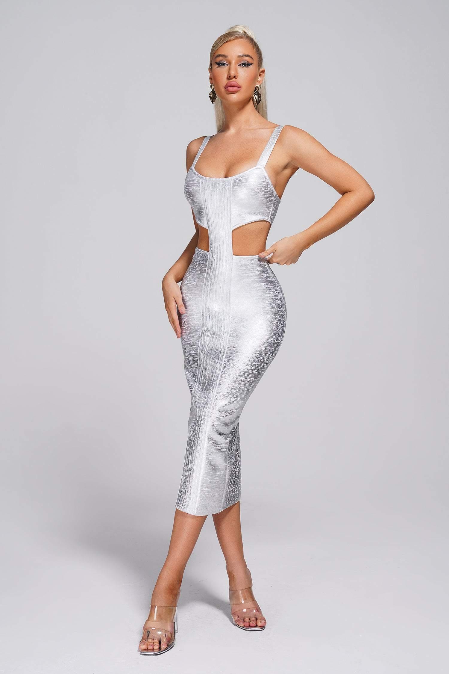 Silver metallic outlet midi dress