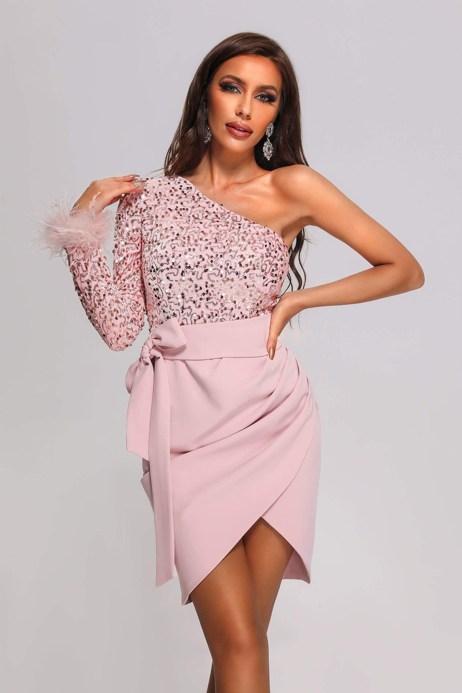 Kiwisy One Shoulder Sequin Mini Dress - Bellabarnett