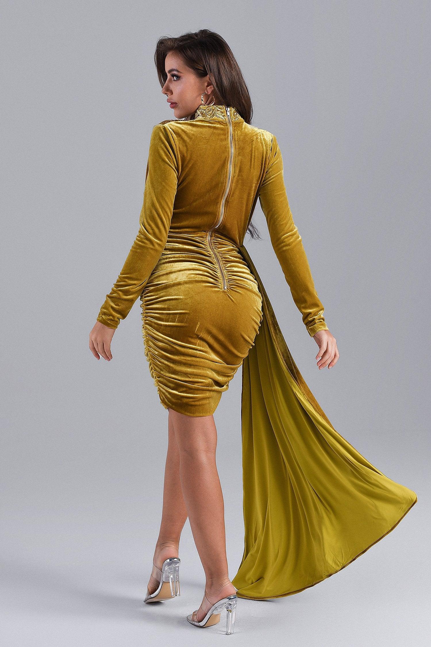 Brinley Blue Velvet Drape Dress - Gold - Bellabarnett