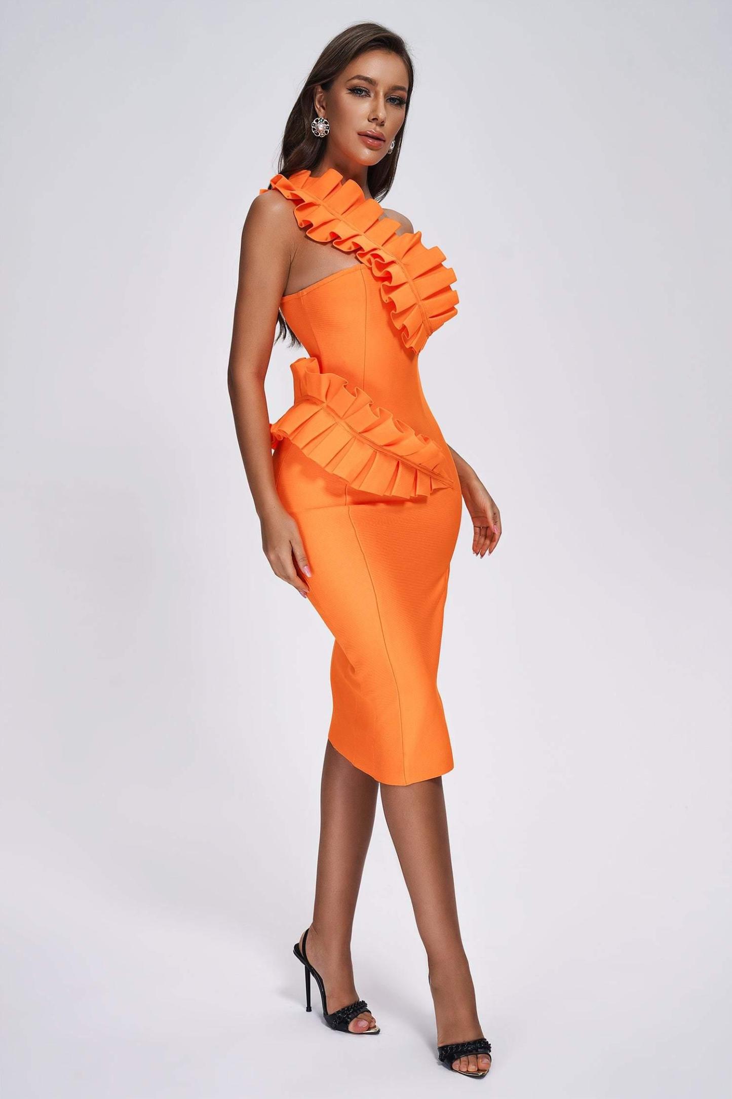 Shailee One Shoulder Midi Bandage Dress - Orange - Bellabarnett