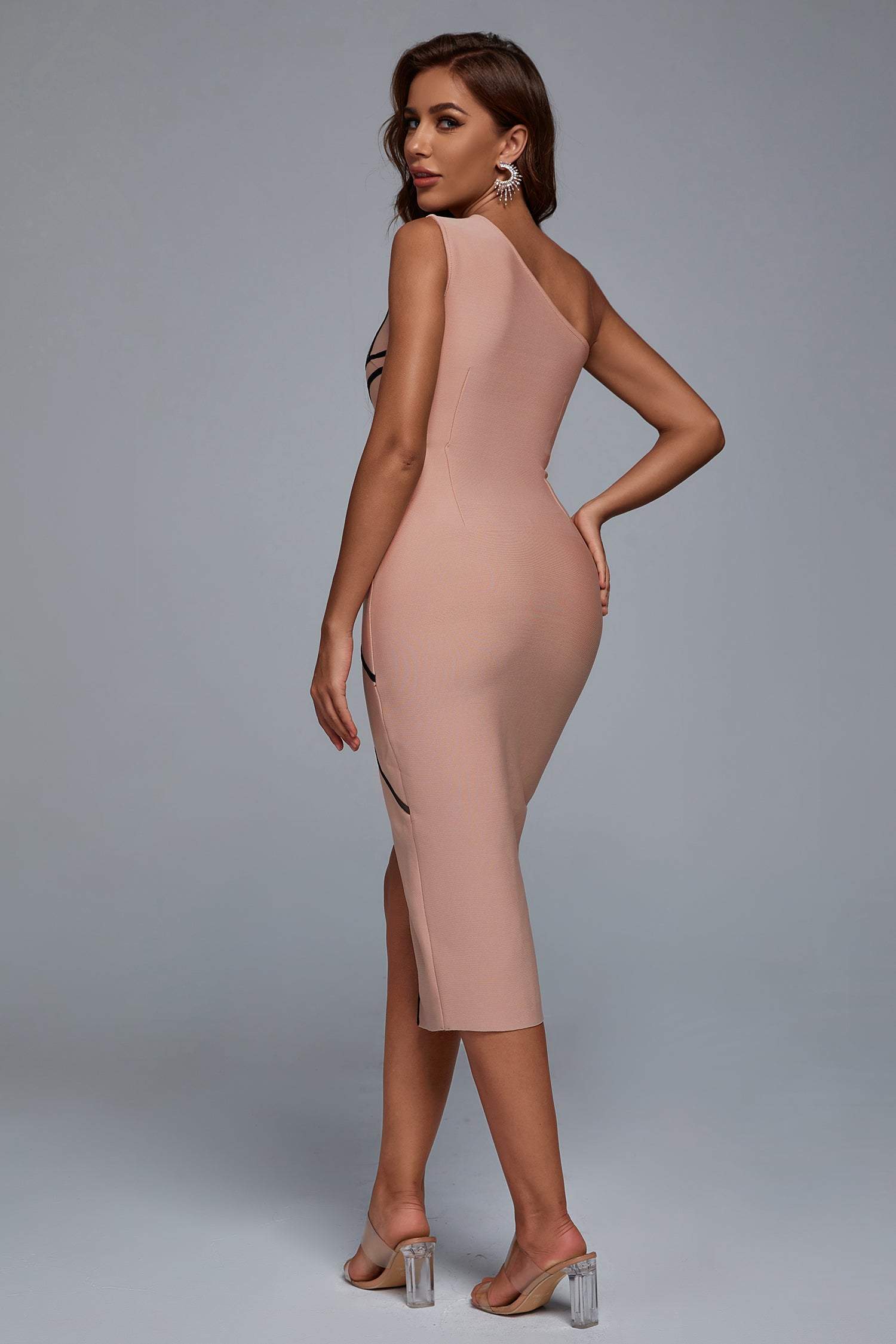 Naku One Shoulder Slit Midi Bandage Dress - Pink