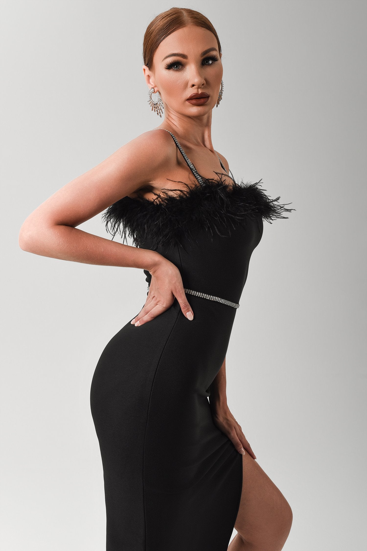 Dana Feather Slit Midi Bandage Dress - Bellabarnett