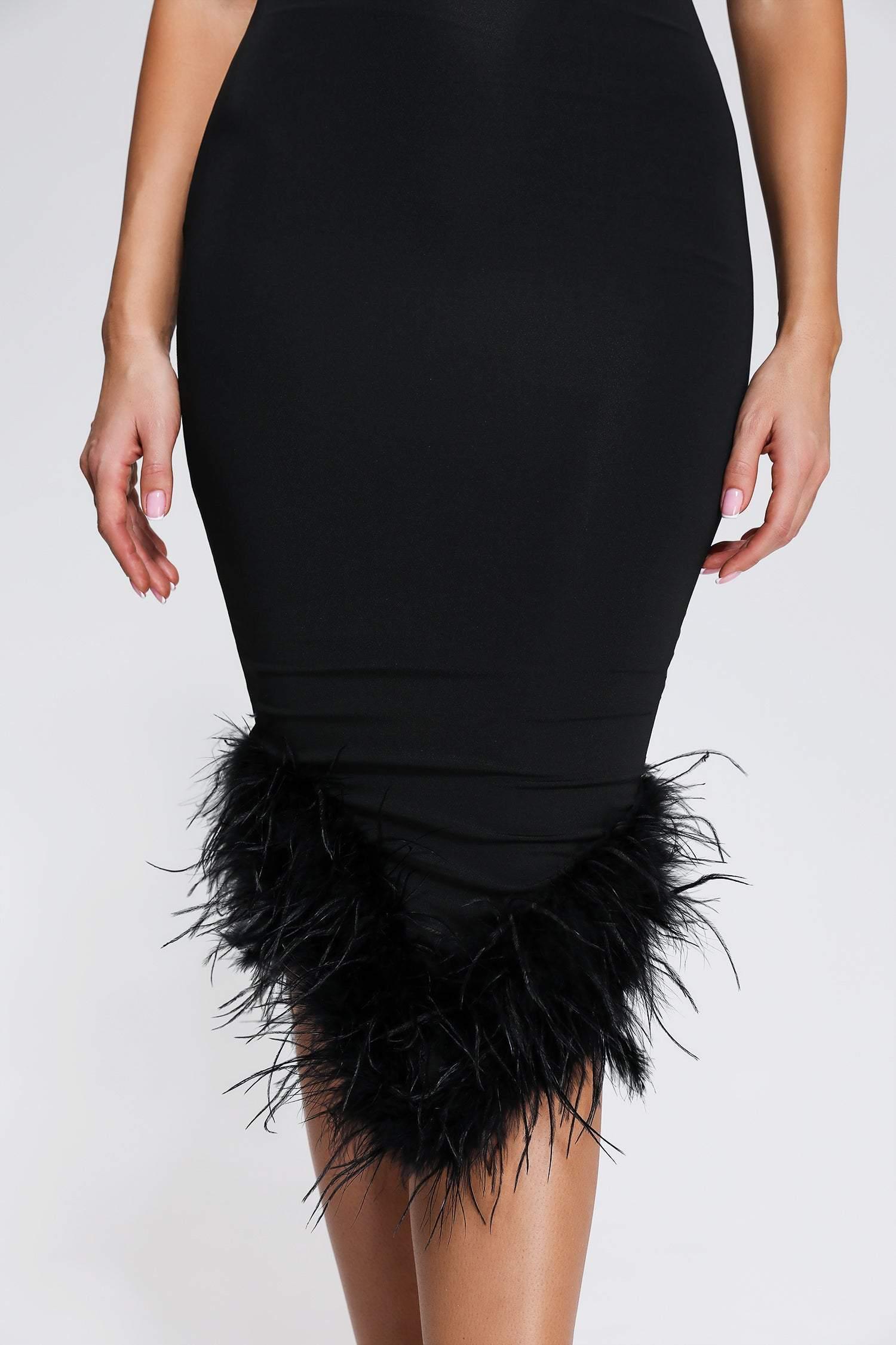 Rate Feather One Shoulder Midi Dress - Black - Bellabarnett