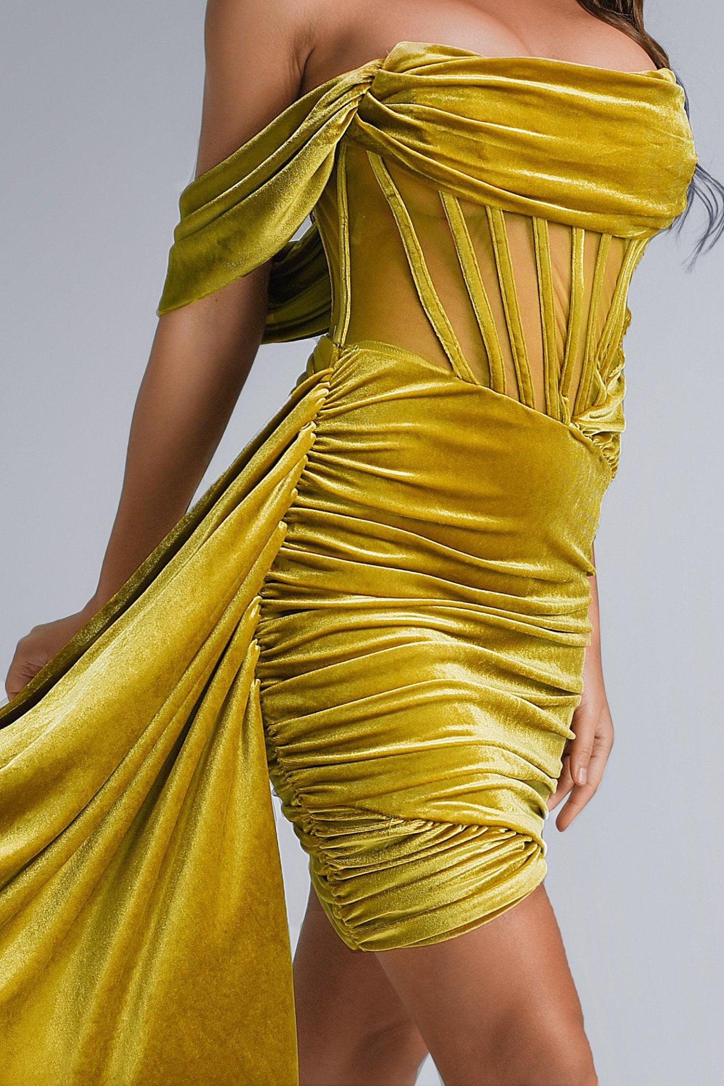 Elasa Velvet Corset Mini Dress - Yellow - Bellabarnett