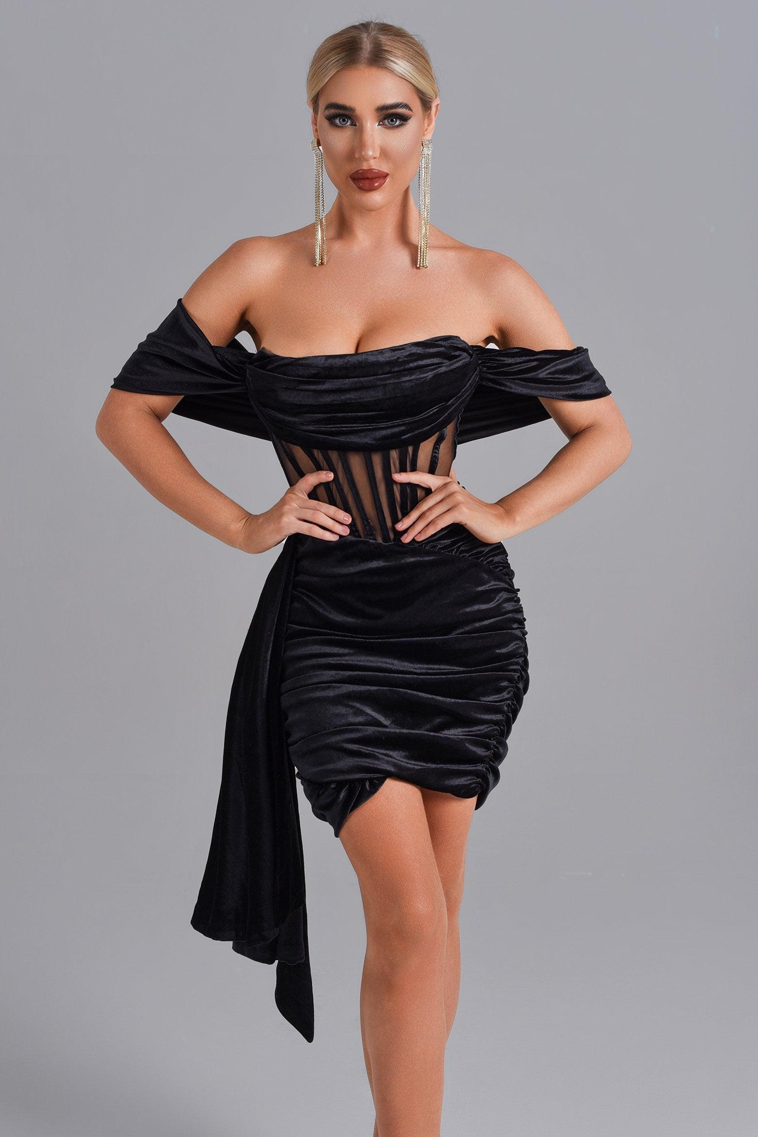 Elasa Velvet Corset Mini Dress - Black - Bellabarnett