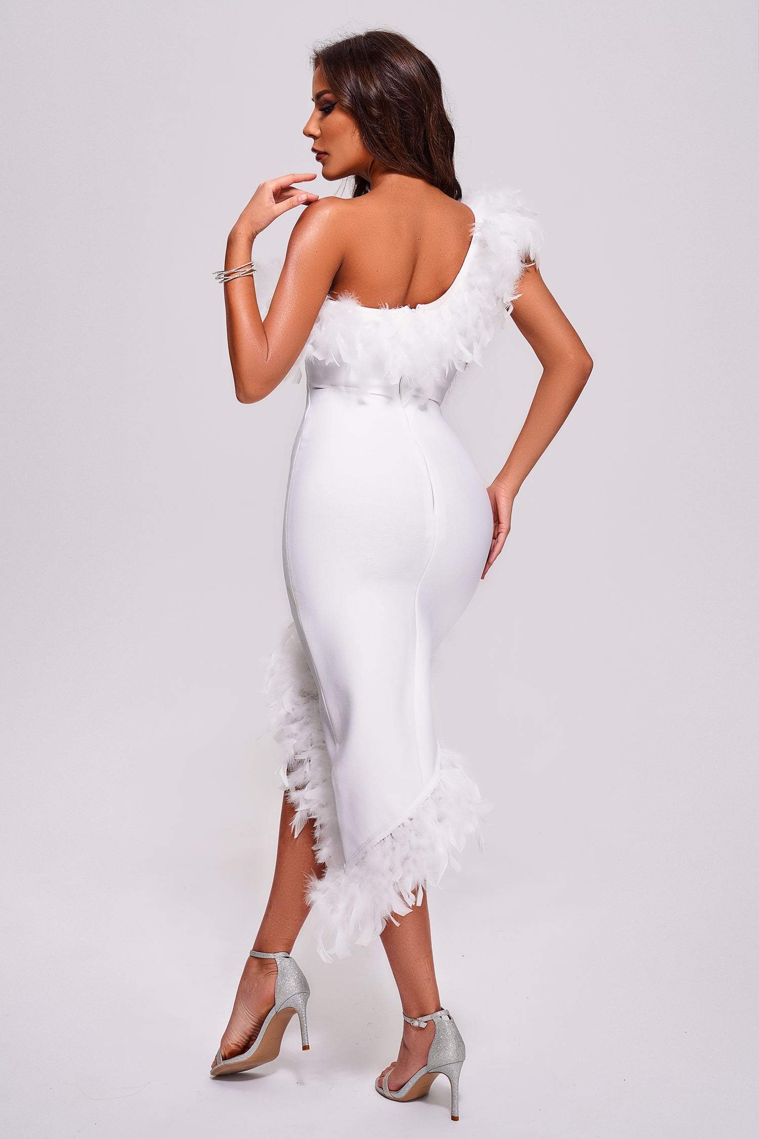 Hailey One Shoulder Feather Midi Dress