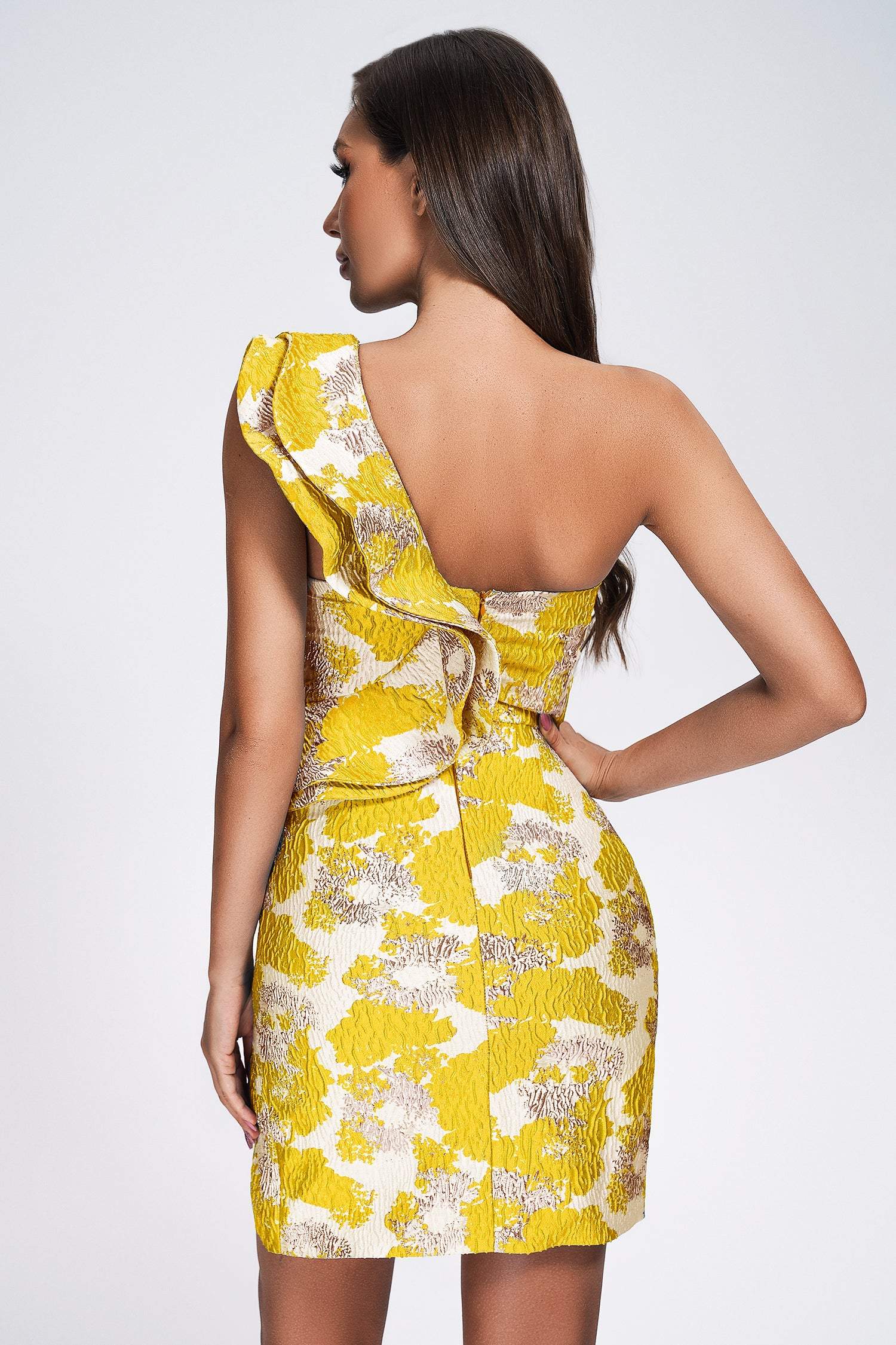 Corduroy One Shoulder Jacquard Mini Dress - Yellow