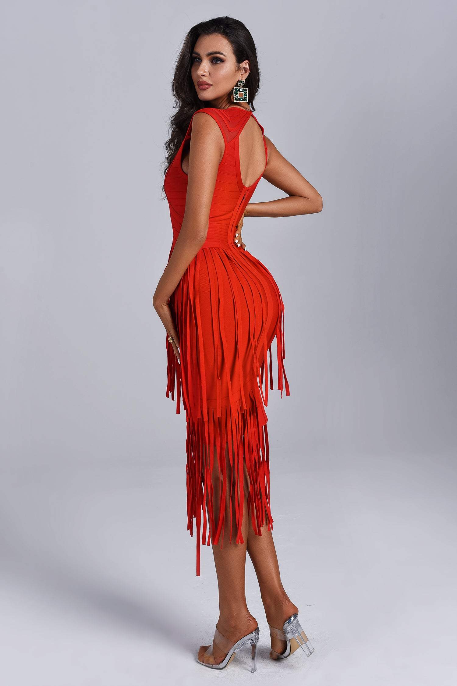 Monique Fringe Red Midi Bandage Dress