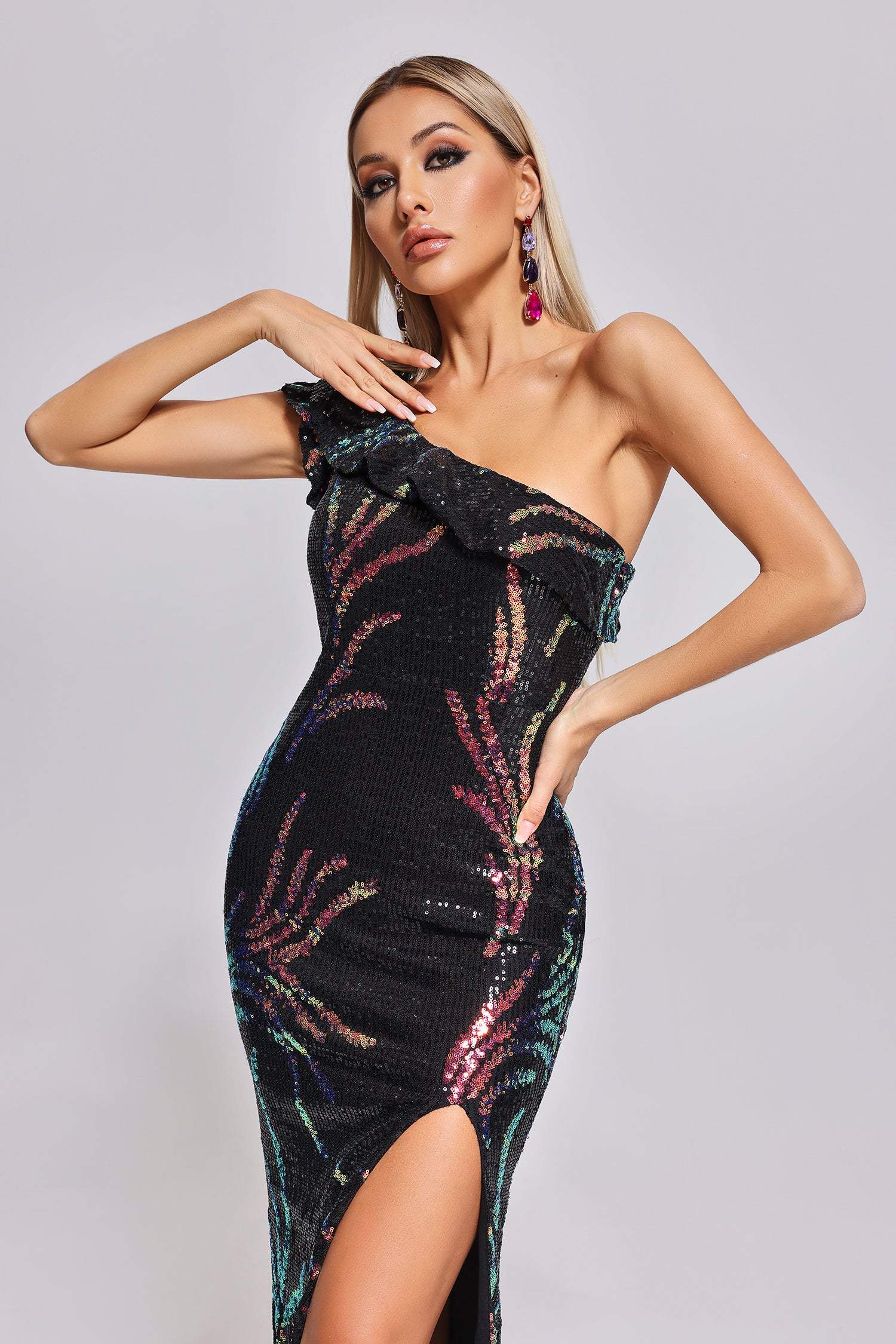 Shylynn One Shoulder Slit Sequin Maxi Dress