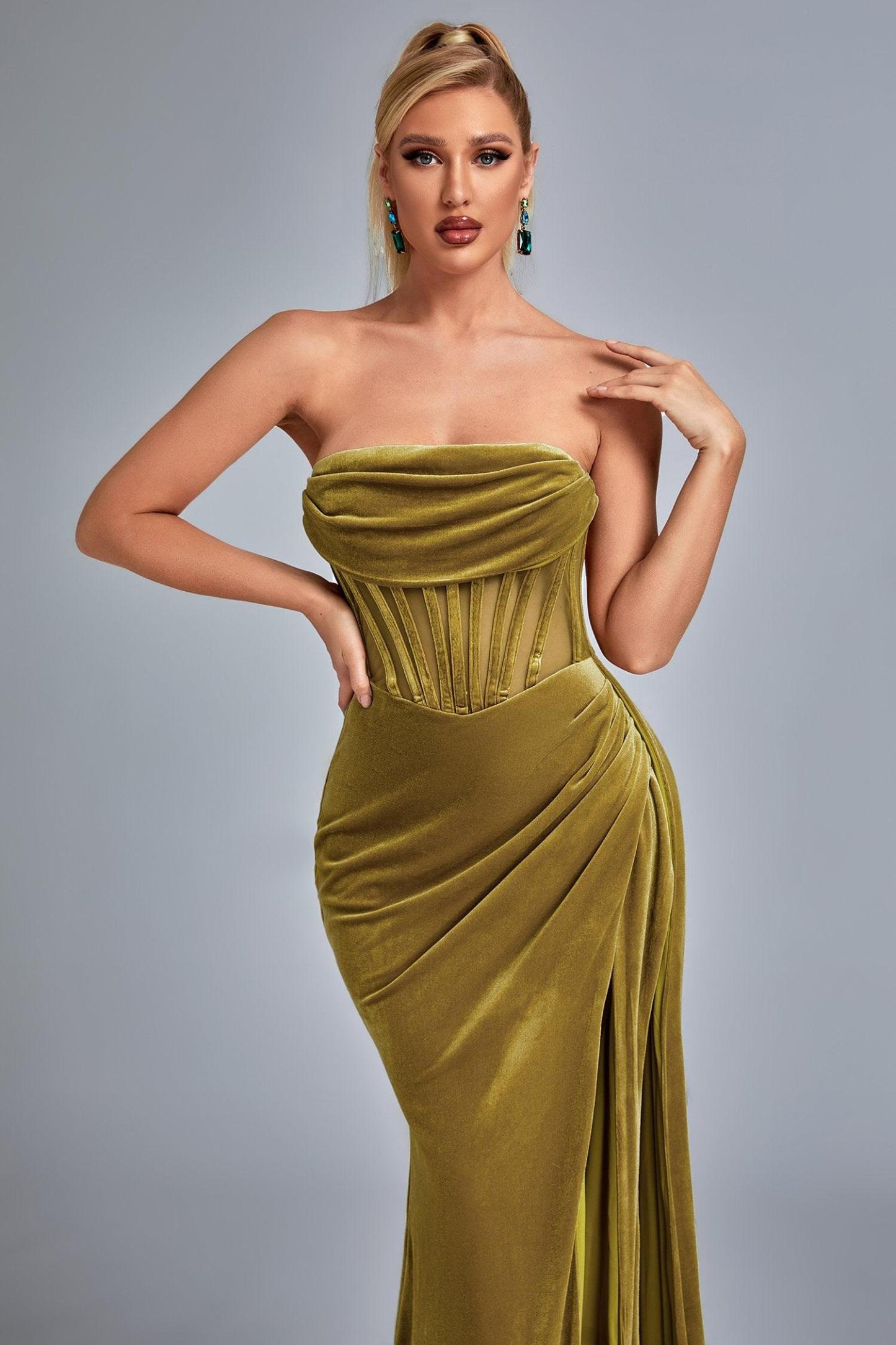 Lamva Corset Velvet Slit Maxi Dress - Yellow - Bellabarnett