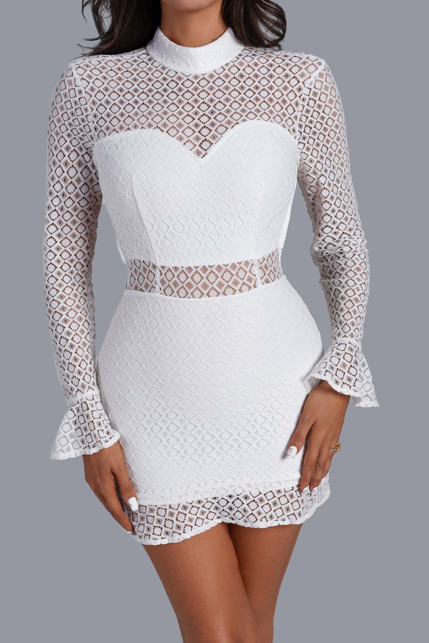 Harris Long Sleeve White Lace Mini Dress