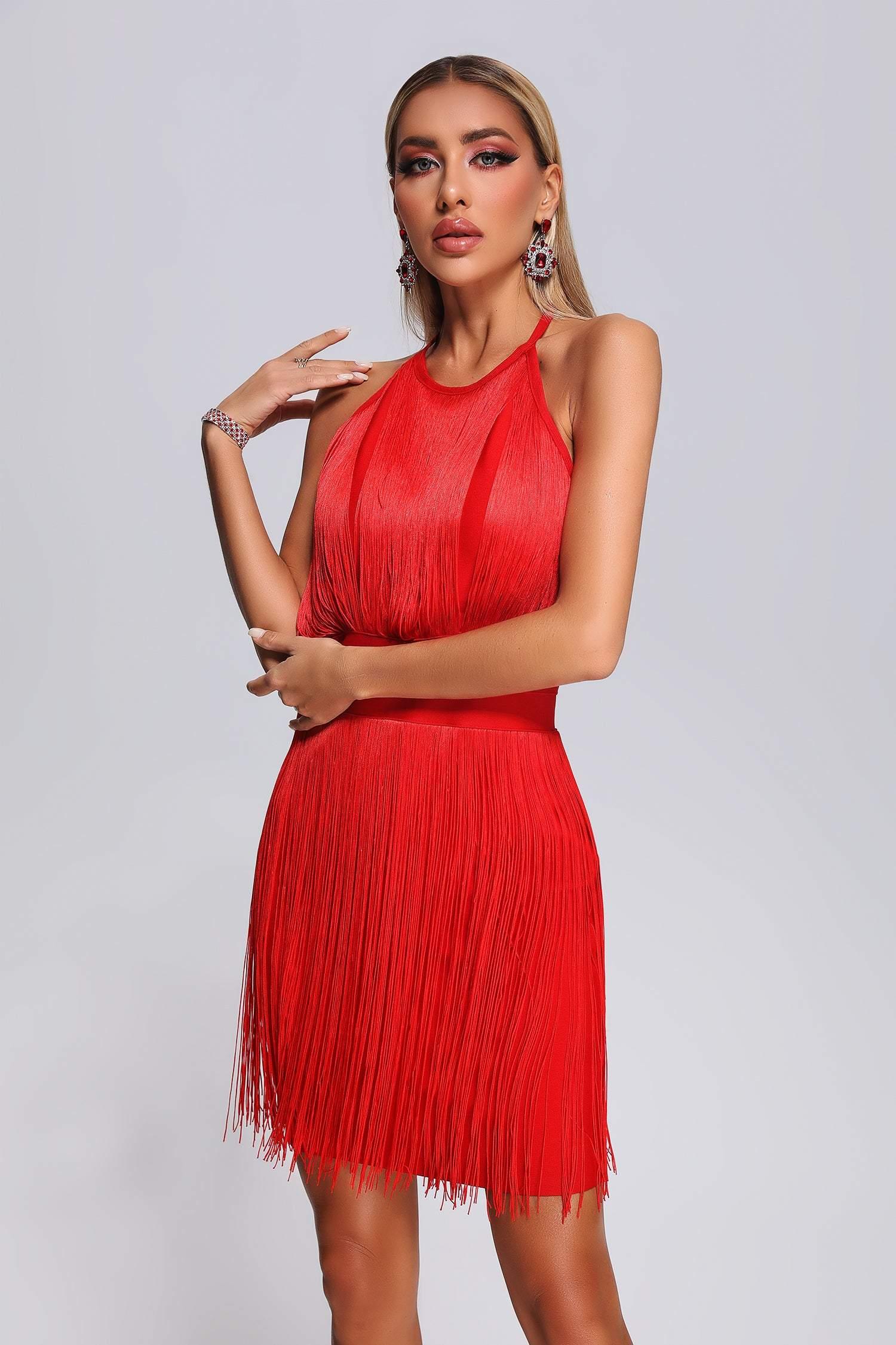Arbenita Tassel Mini Bandage Dress - Red - Bellabarnett