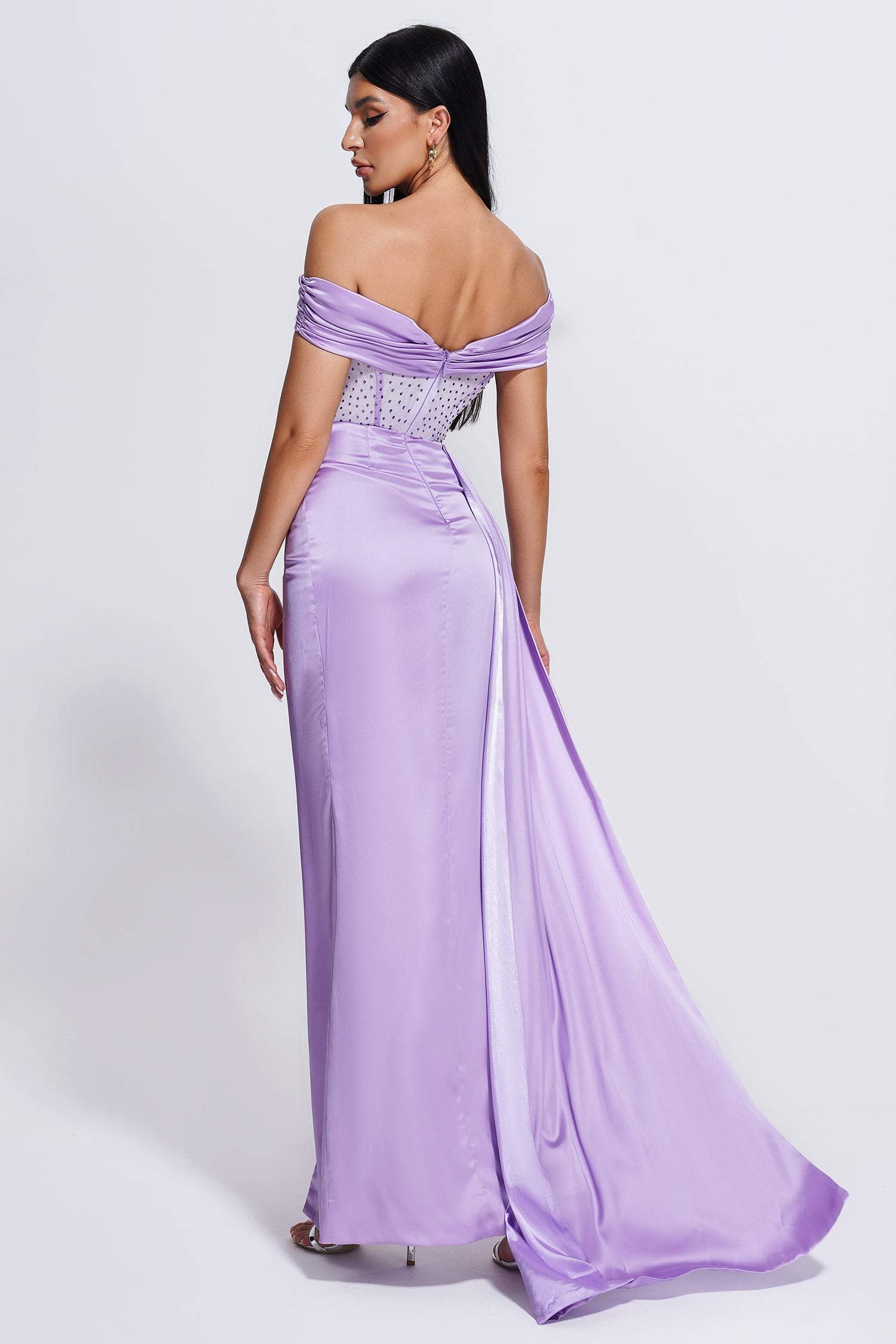 Colia Diamomate Mesh Corset Satin Maxi Dress - Purple