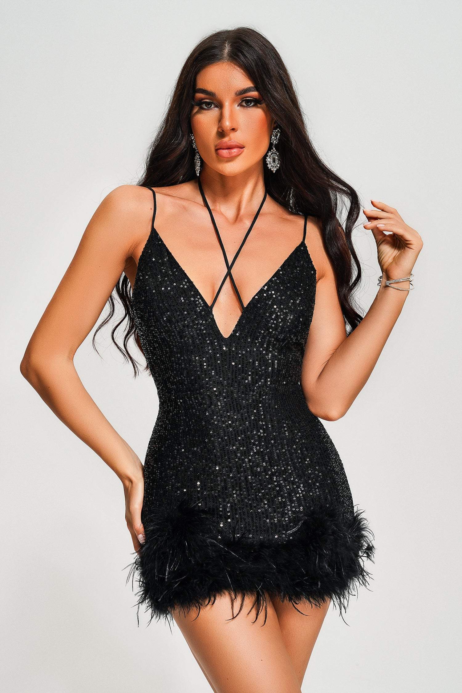Oga Halter Sequin Feather Mini Dress - Black