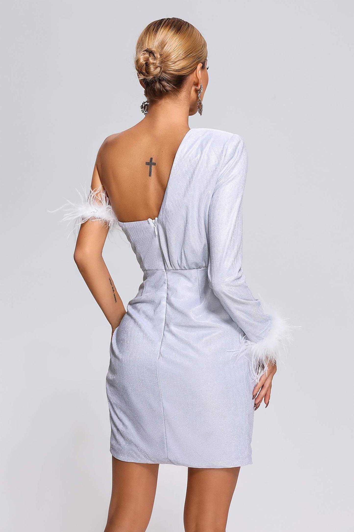 Hoshi Feather One Shoulder Mini Dress - Bellabarnett