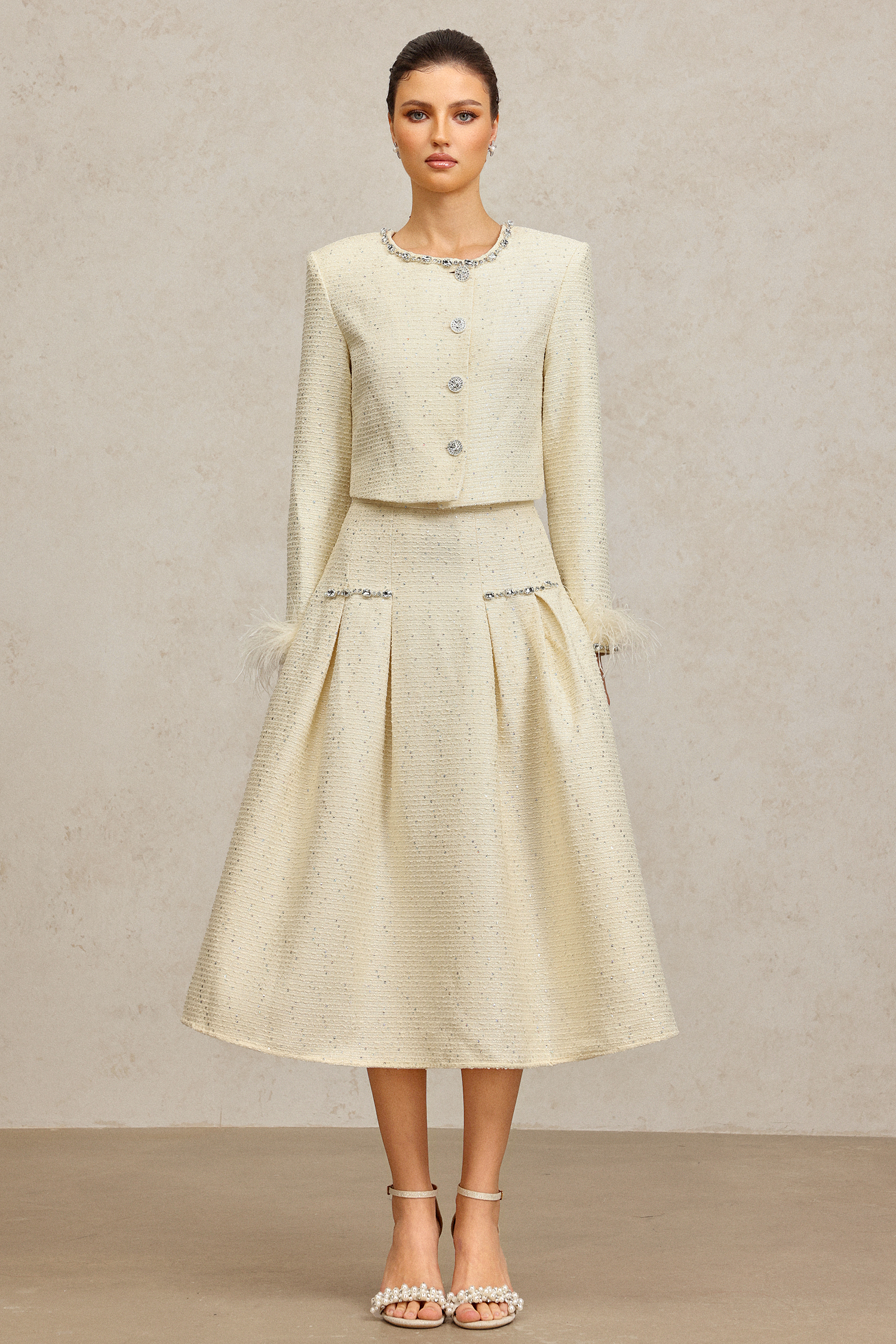 Werko Round Neck Long Sleeves Diamond Artificial Feather Top And Skirt Two-Piece Set