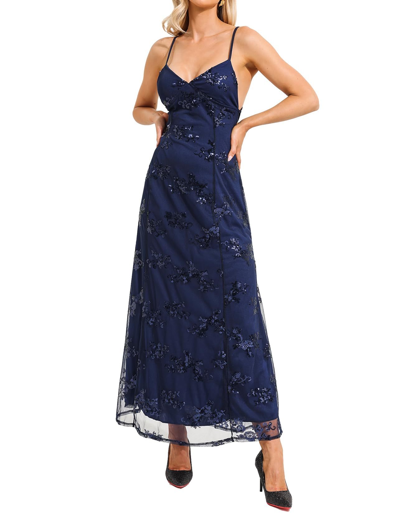 Sequin V-Neck Backless Maxi Dress