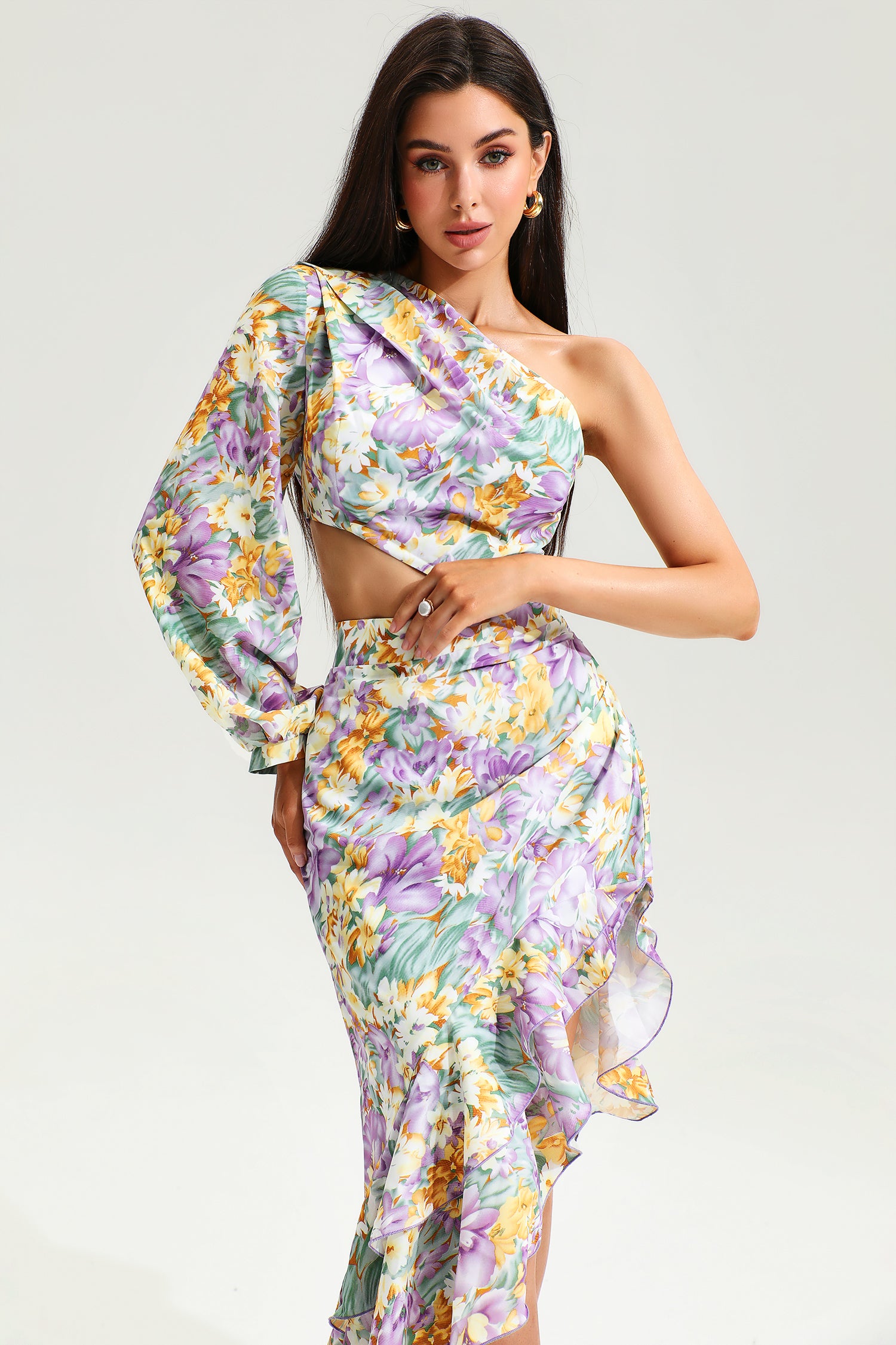 Floral Slanted Shoulder Long Sleeve Ruffle Irregular Maxi Dress