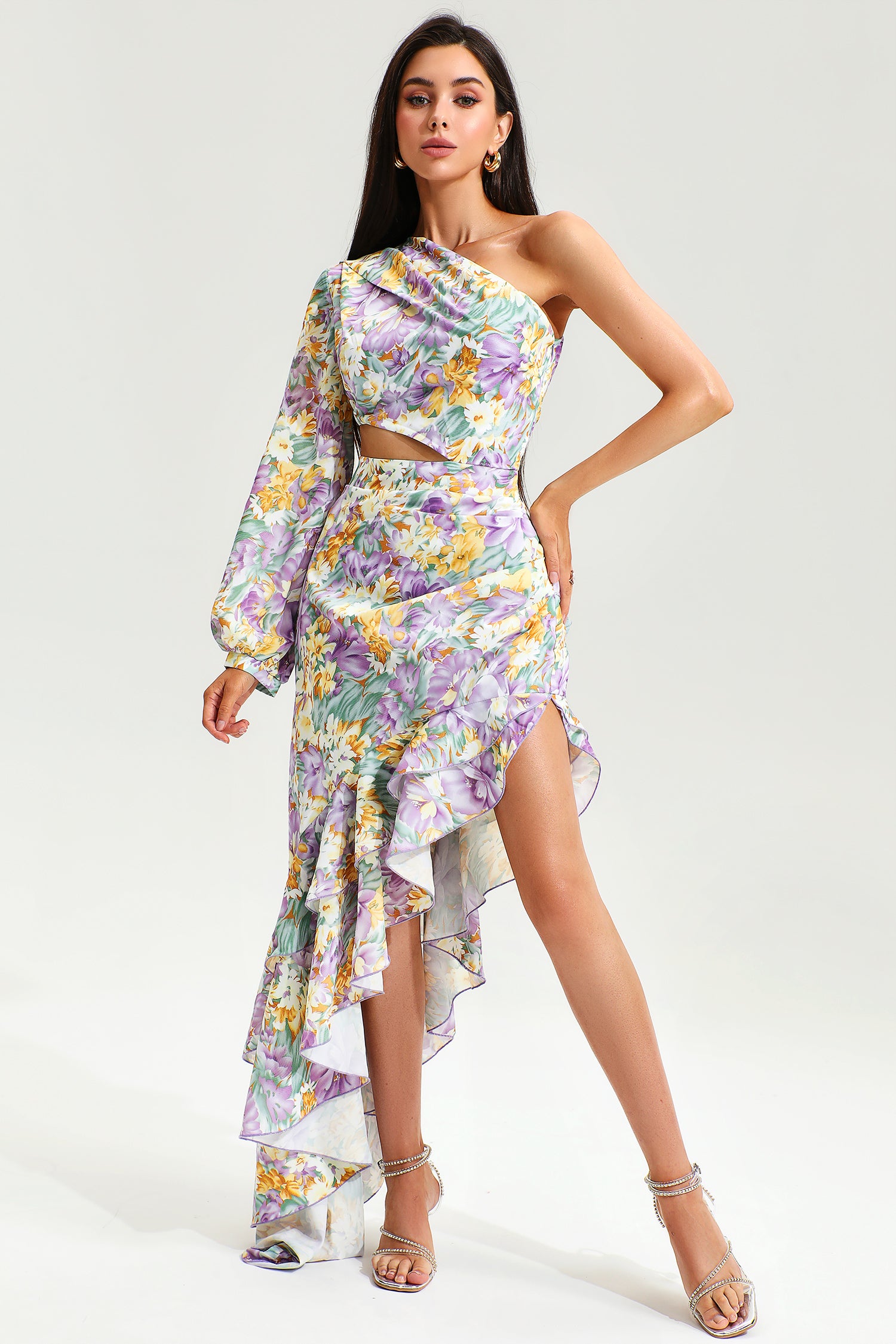 Floral Slanted Shoulder Long Sleeve Ruffle Irregular Maxi Dress