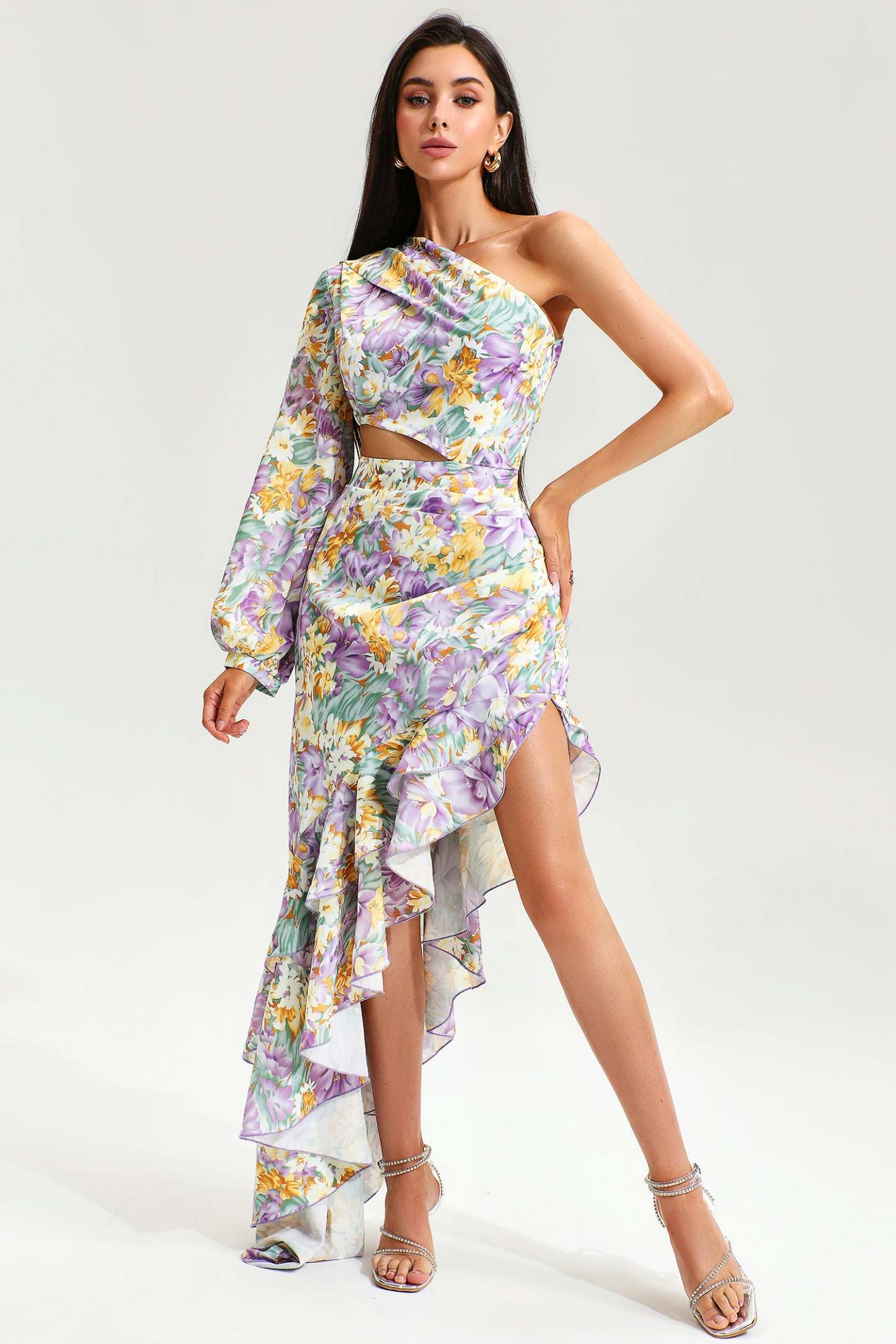 Floral Slanted Shoulder Long Sleeve Ruffle Irregular Maxi Dress