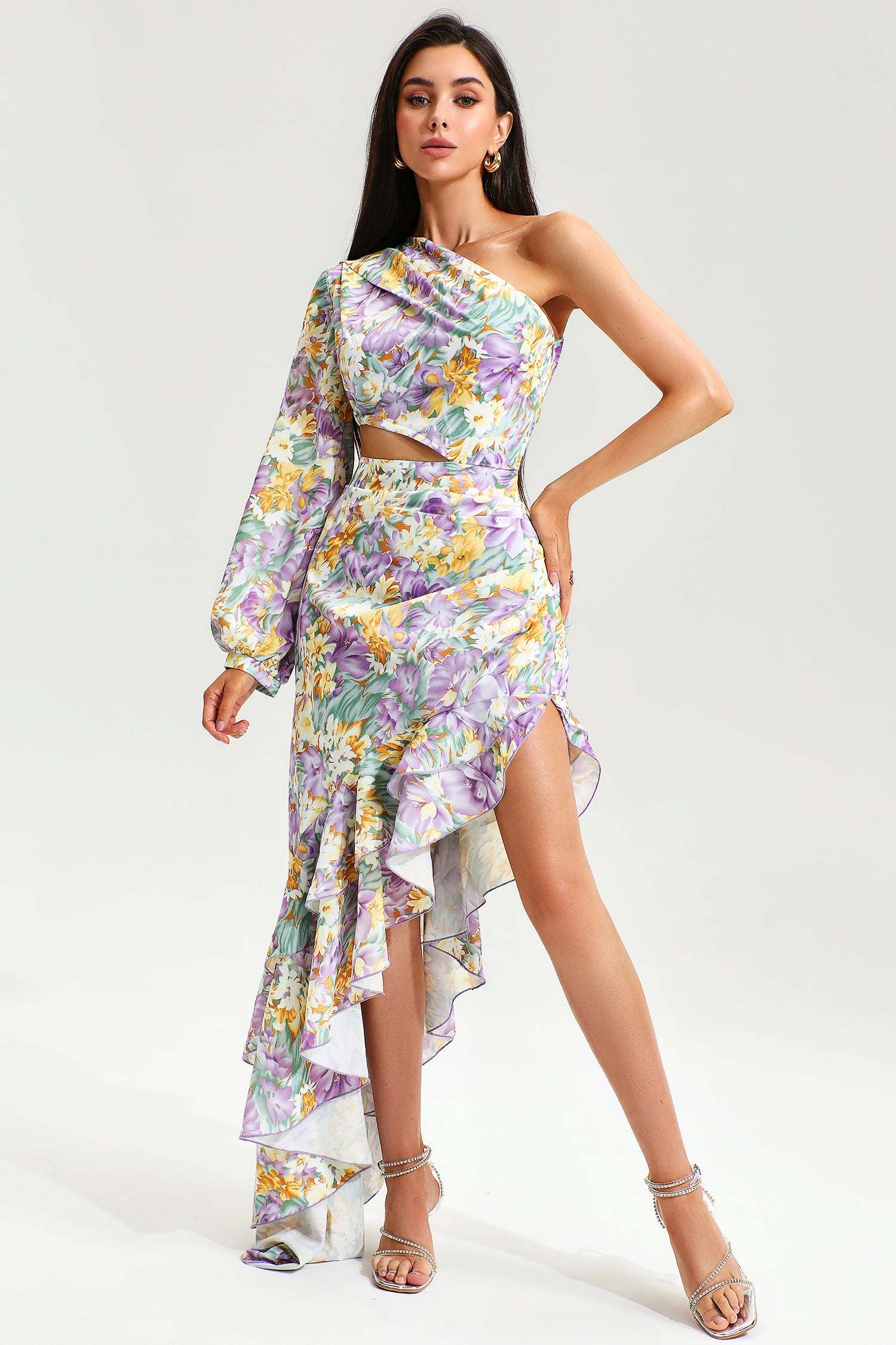 Floral Slanted Shoulder Long Sleeve Ruffle Irregular Maxi Dress