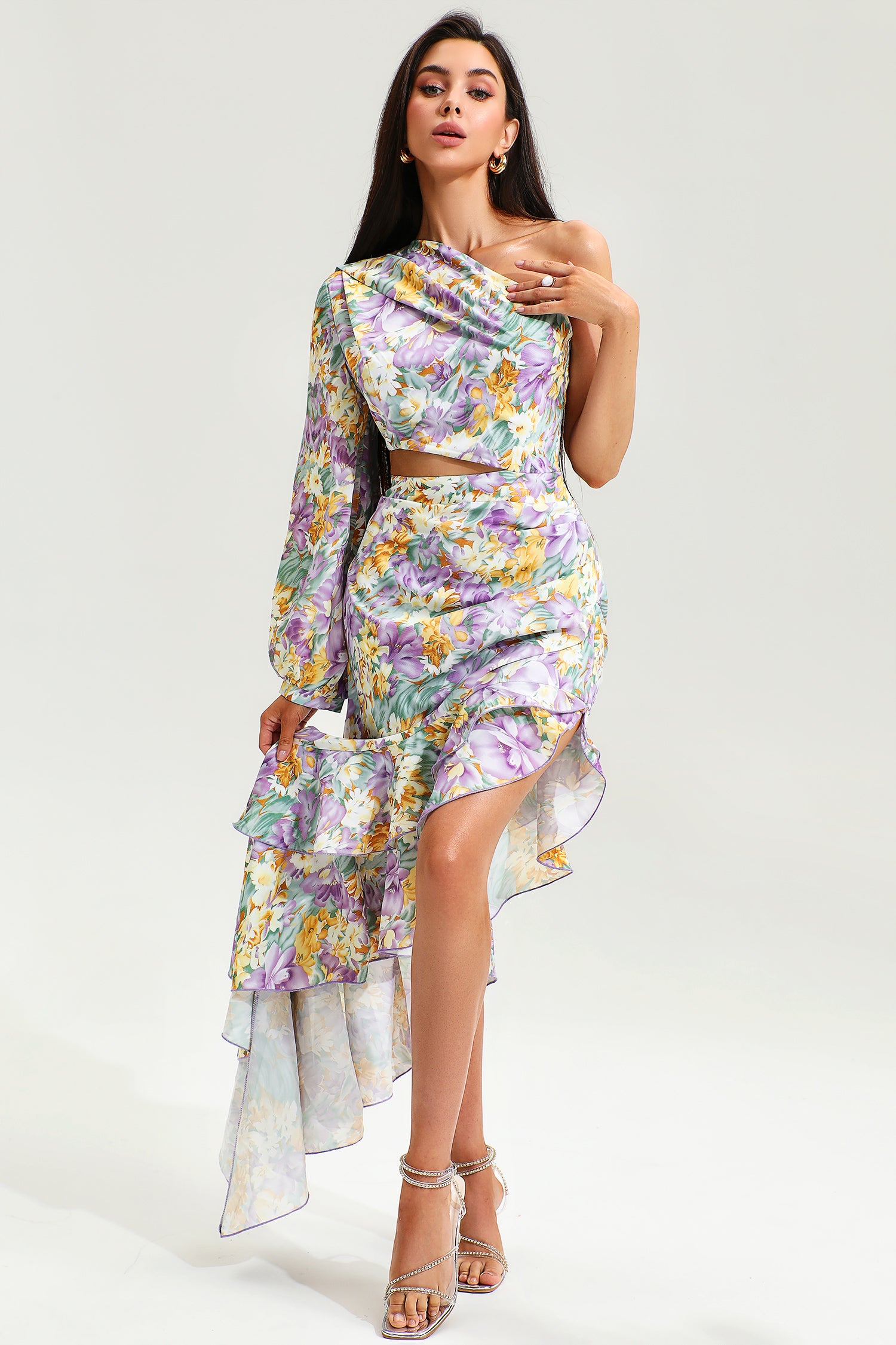 Floral Slanted Shoulder Long Sleeve Ruffle Irregular Maxi Dress