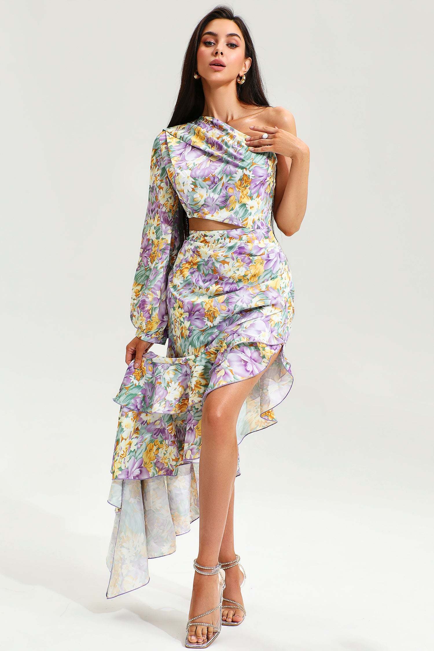Floral Slanted Shoulder Long Sleeve Ruffle Irregular Maxi Dress