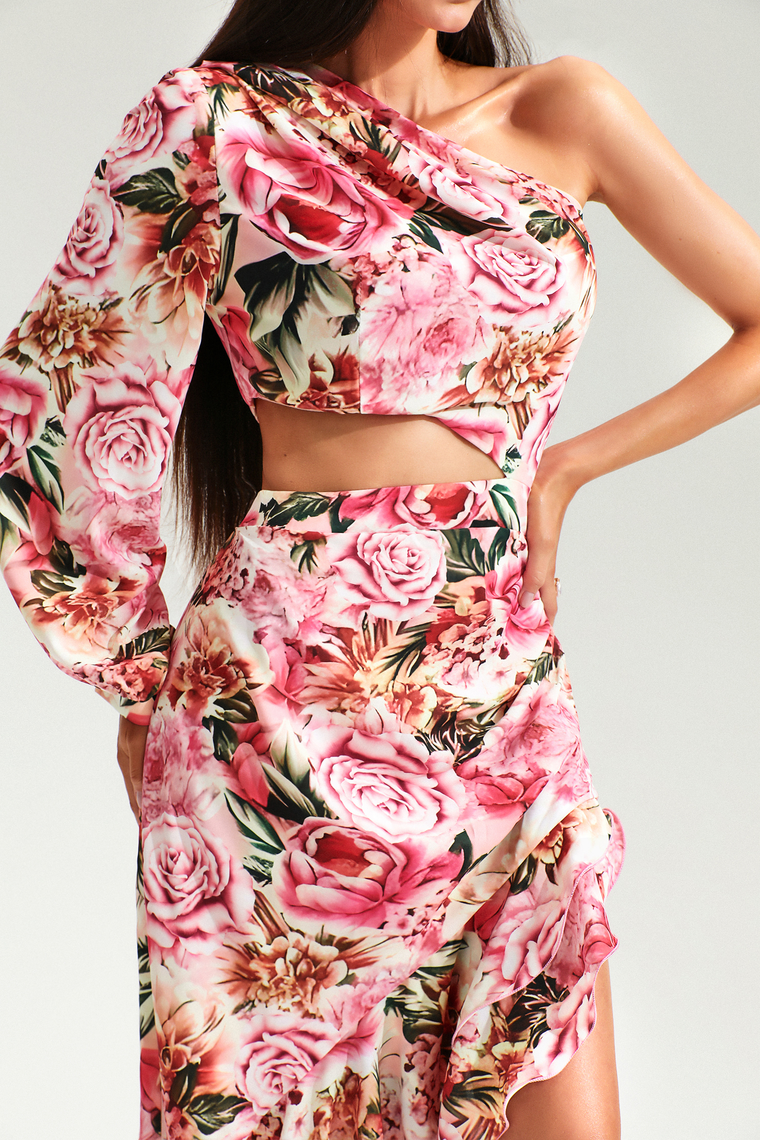 Floral Slanted Shoulder Long Sleeve Ruffle Irregular Maxi Dress - Pink