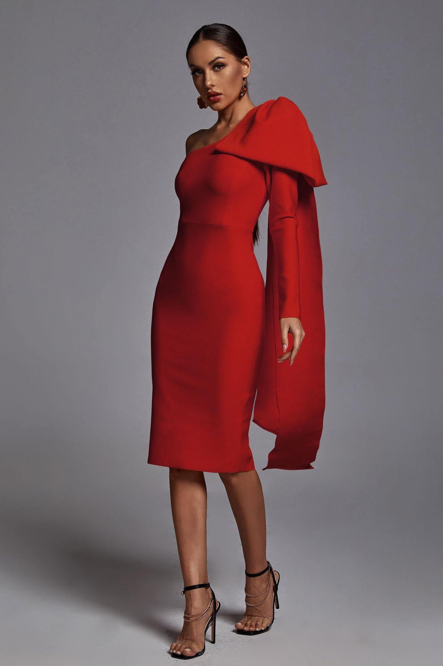Abbey Orange One Shoulder Bandage Dress - Red - Bellabarnett