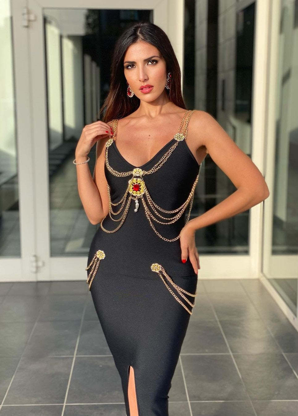 Metal Embellishment Bandage Maxi Dress