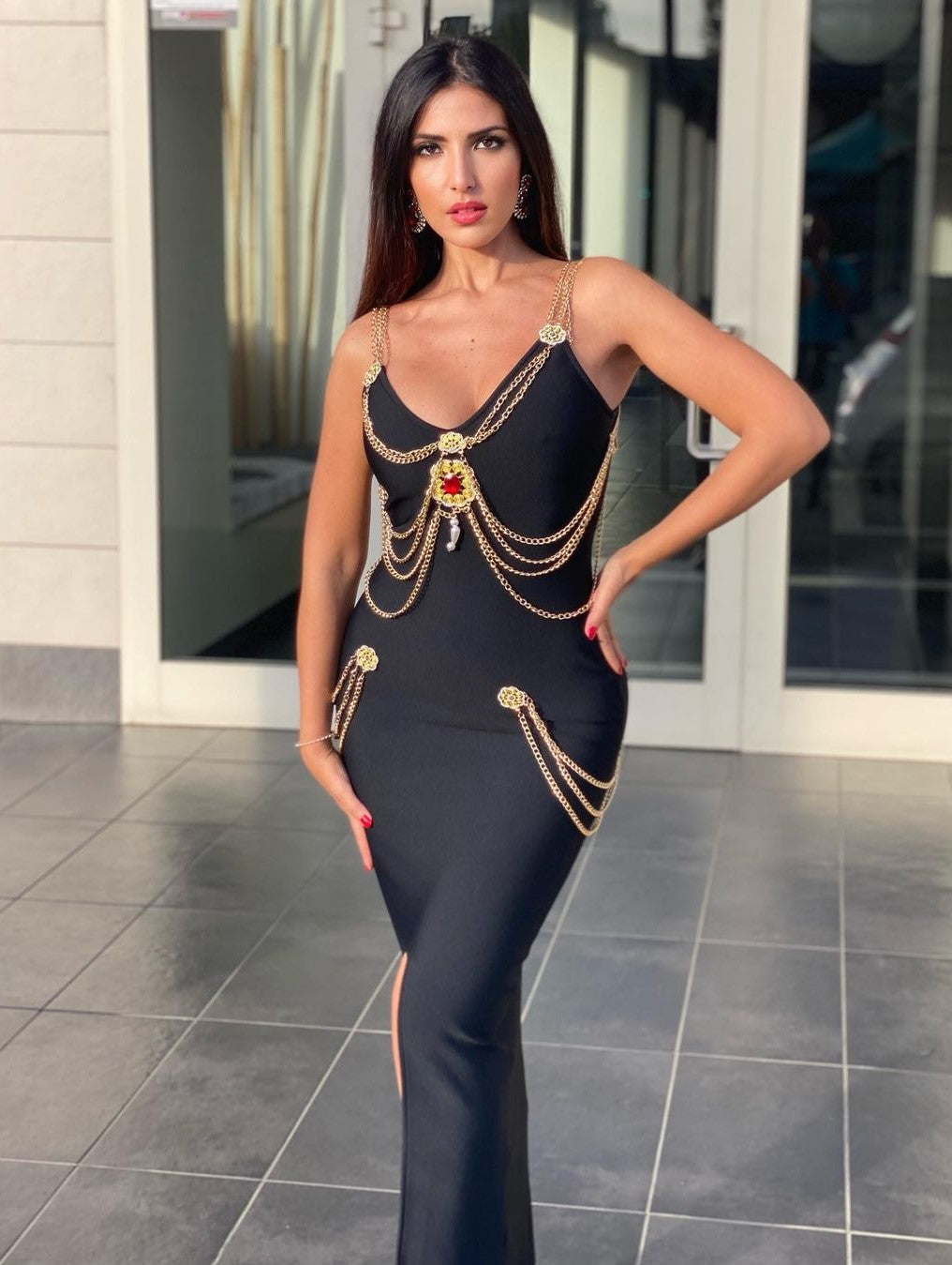 Metal Embellishment Bandage Maxi Dress