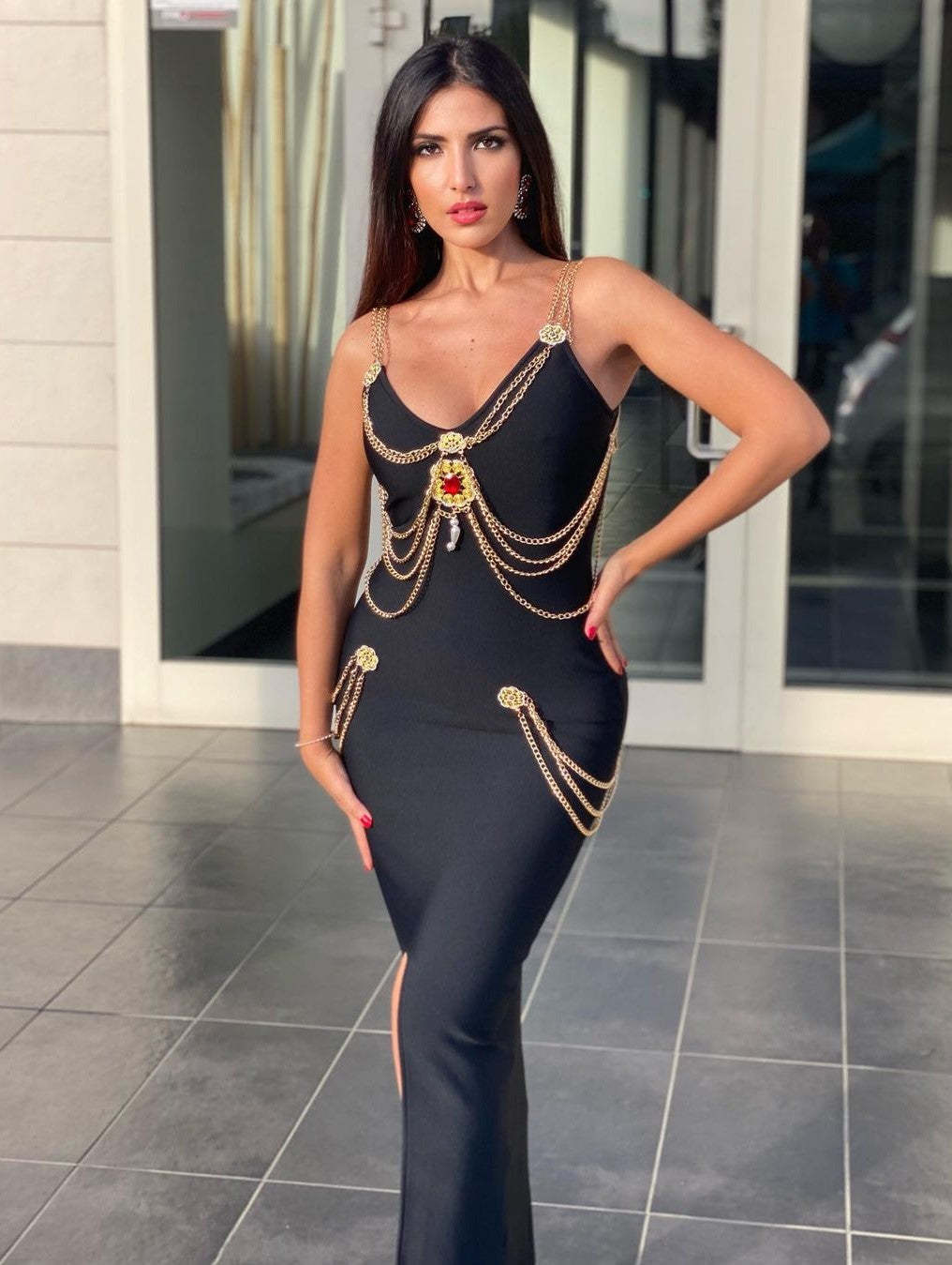 Metal Embellishment Bandage Maxi Dress