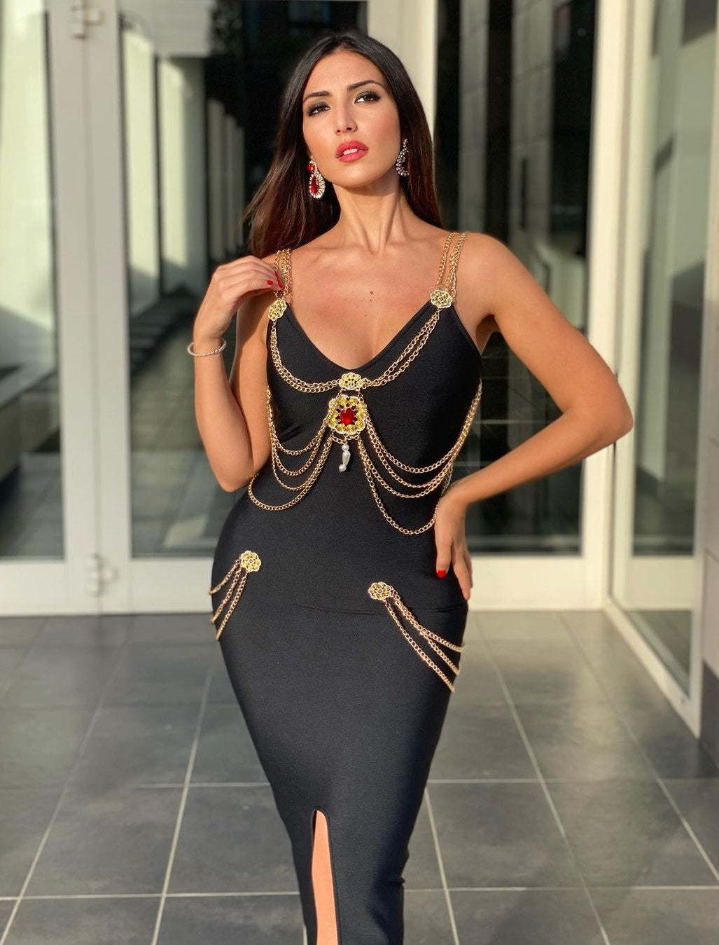 Metal Embellishment Bandage Maxi Dress