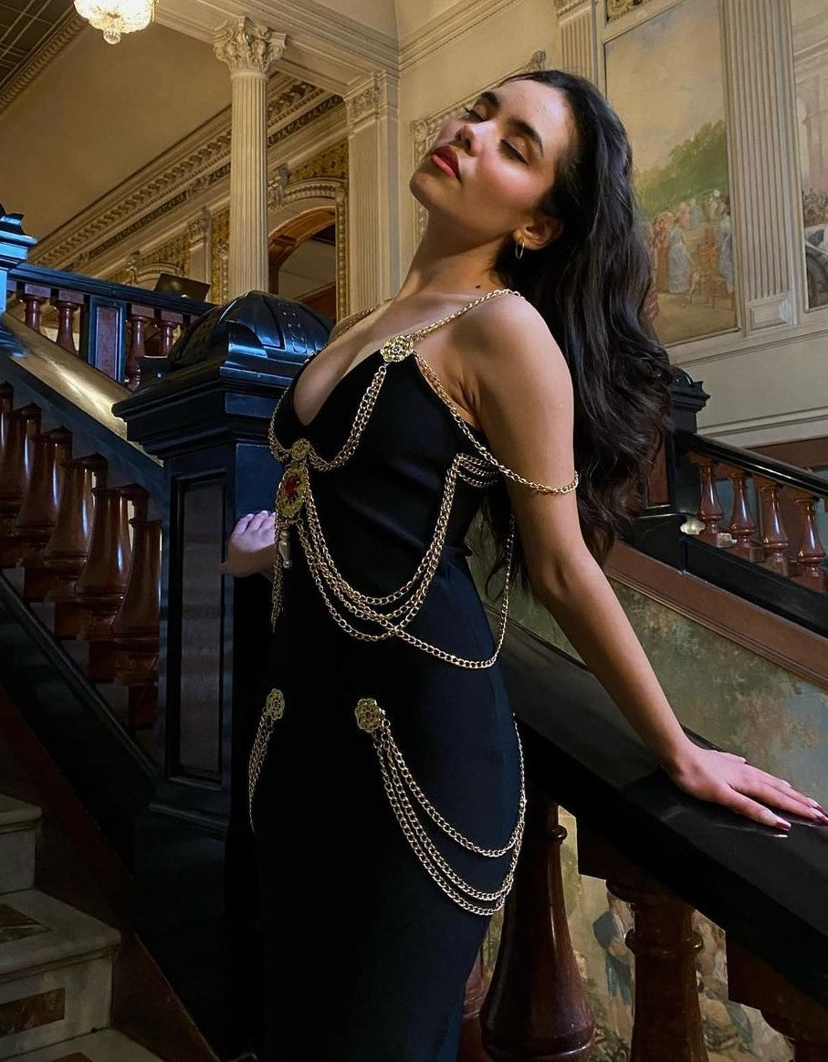 Metal Embellishment Black Maxi Dress