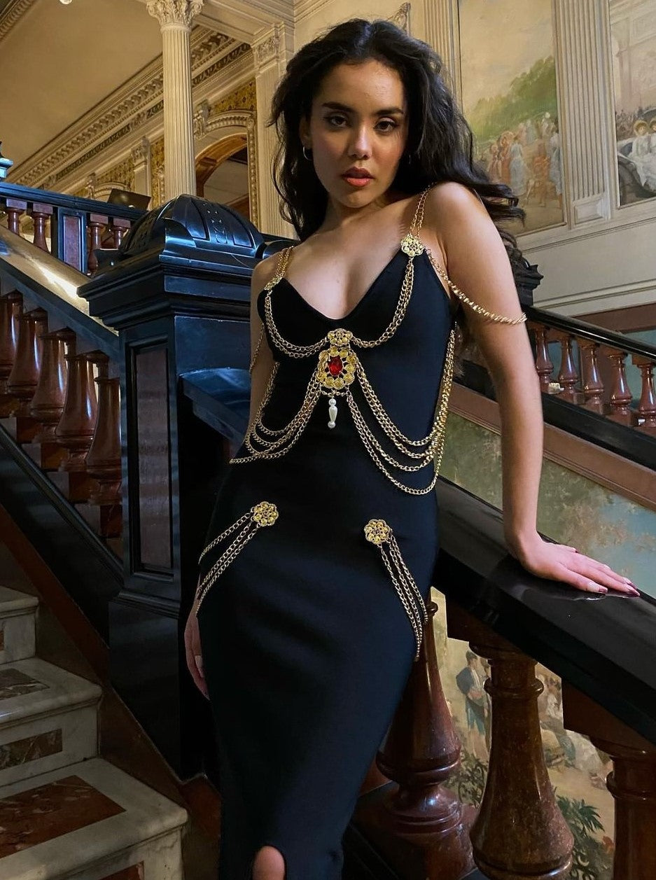 Metal Embellishment Black Maxi Dress