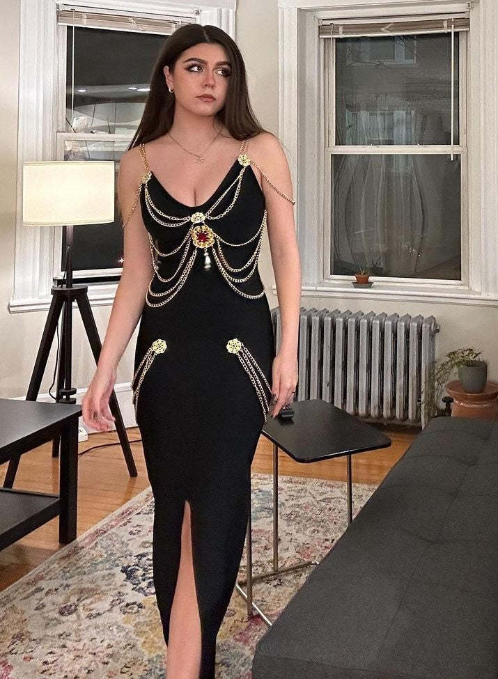 Metal Embellishment Black Maxi Dress