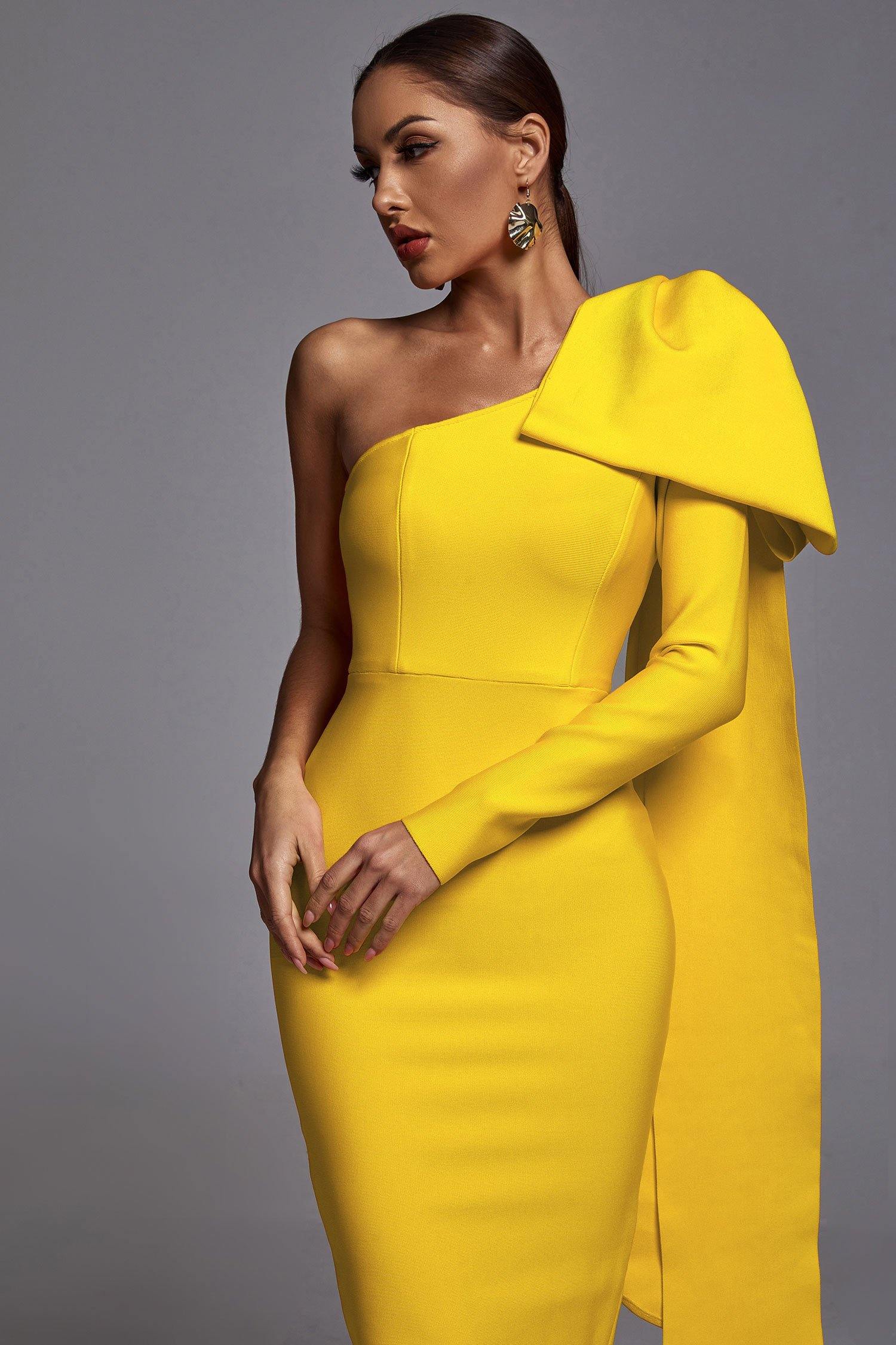 Abbey Yellow One Shoulder Bandage Dress - Bellabarnett